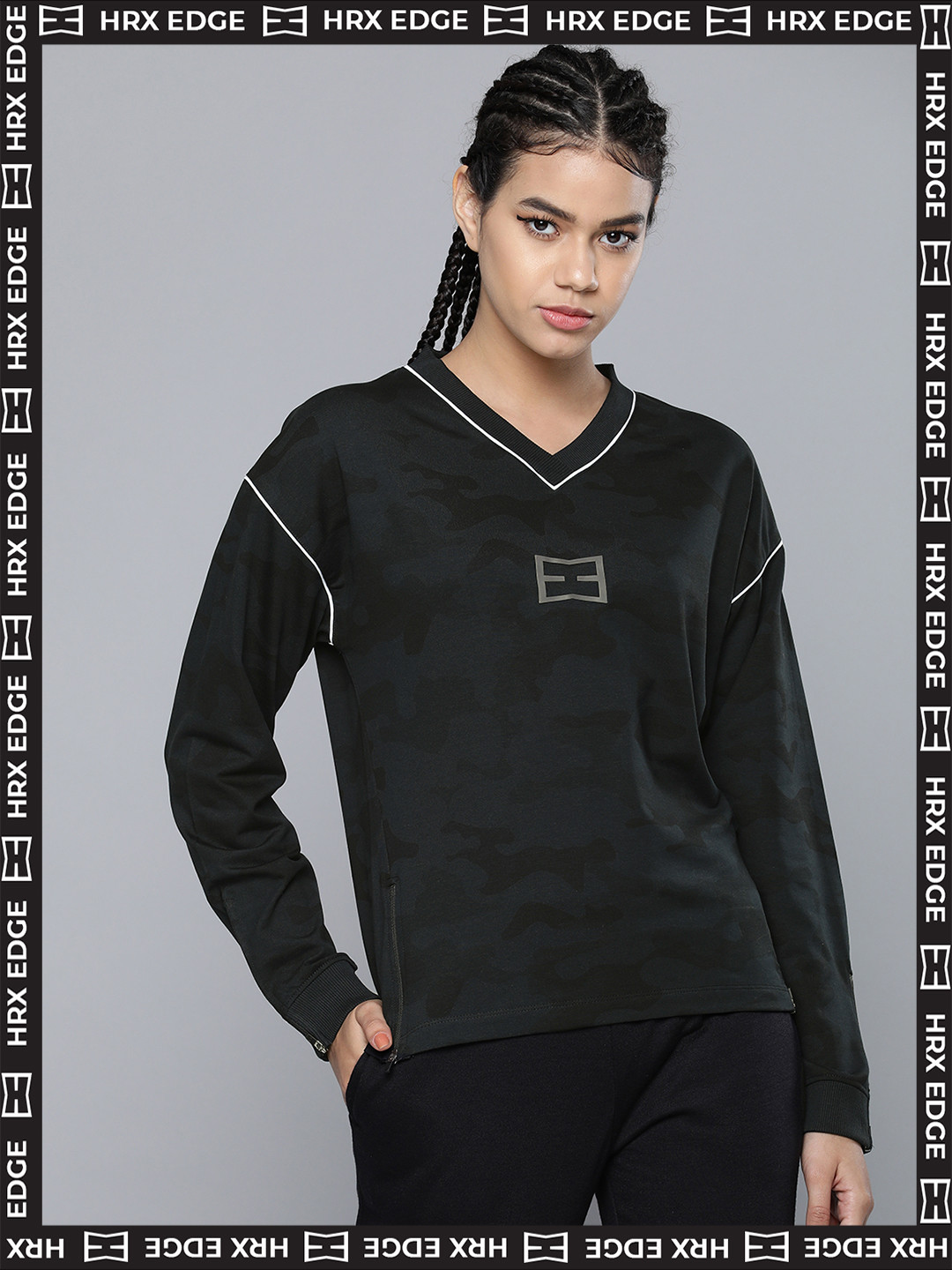 HRX By Hrithik Roshan EDGE Lifestyle Women Black Rapid-Dry Camouflage Sweatshirts