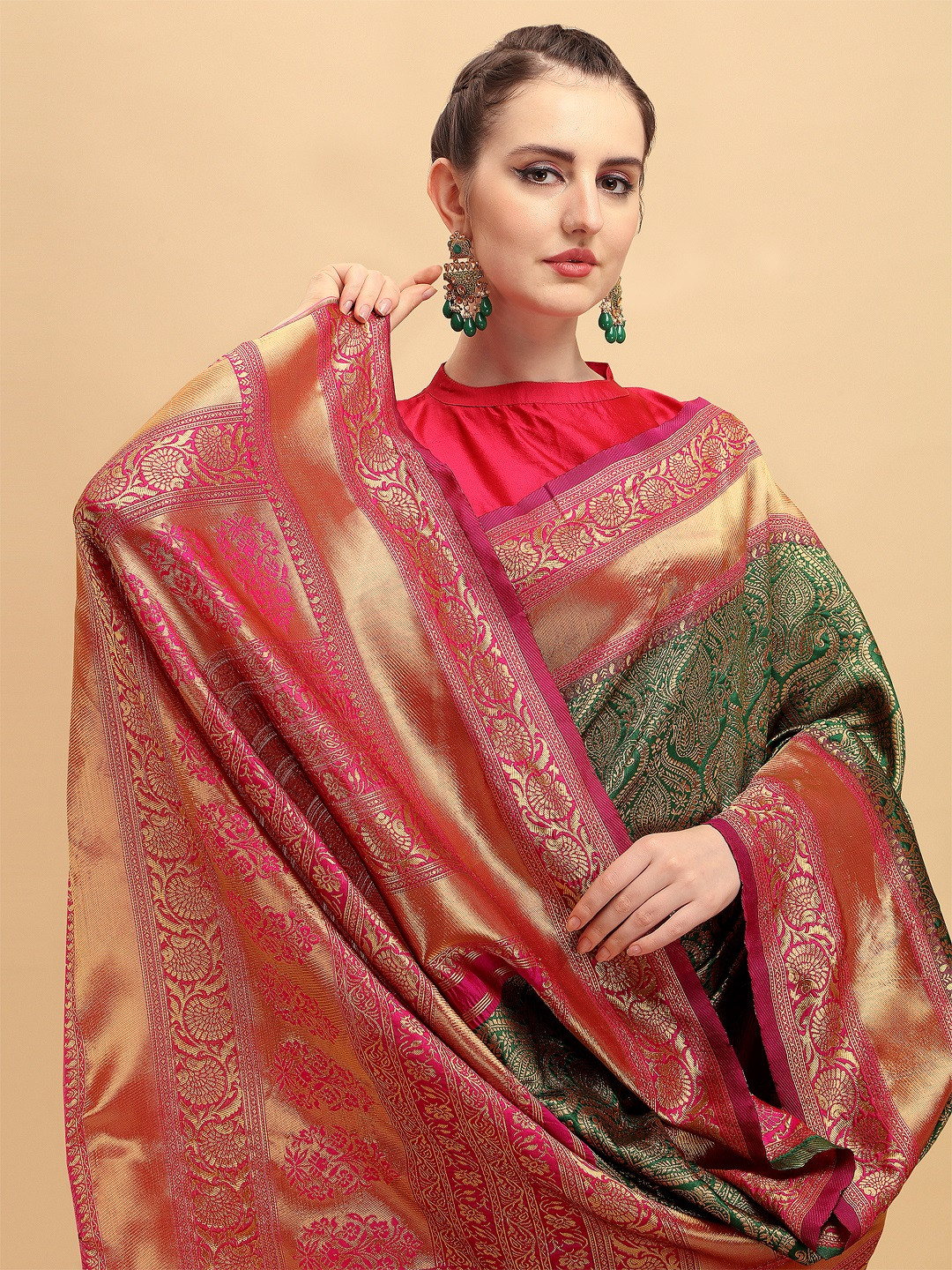 Sangria Green & Golden Ethnic Motifs Zari Silk Blend Heavy Work Banarasi Saree