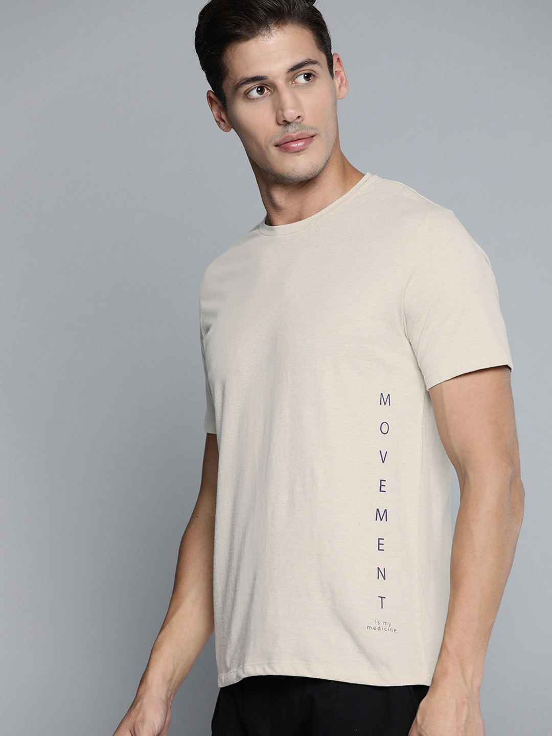 HRX By Hrithik Roshan Yoga Men Oatmeal Melange Organic Cotton Typography Tshirts