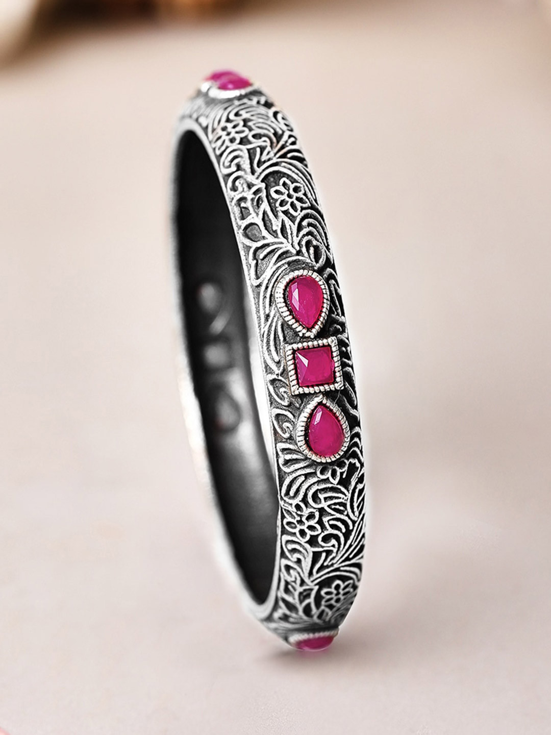 Rubans Oxidized Silver-Plated & Pink Stone-Studded Handcrafted Filgree Bangle