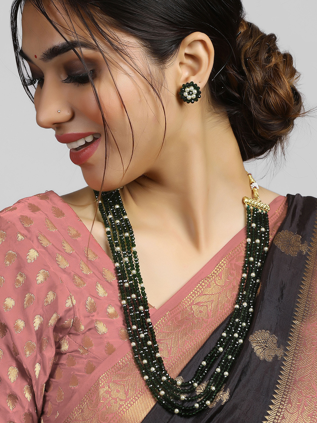 KARATCART Gold-Plated Green & White Crystal-Beaded Handcrafted Multi-Stranded Jewellery Set