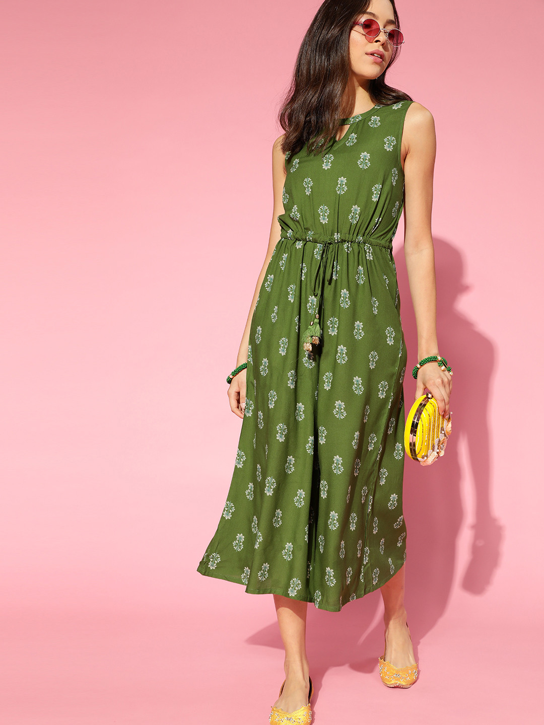 all about you Green & Off White Printed Flared Basic Jumpsuit