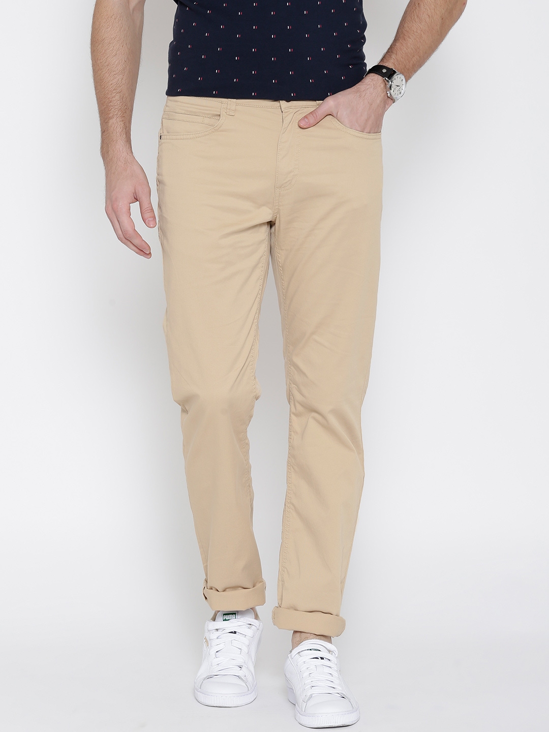 Buy URBAN EAGLE By Pantaloons Men Mustard Brown Solid Flat Front Trousers   Trousers for Men 1580103  Myntra