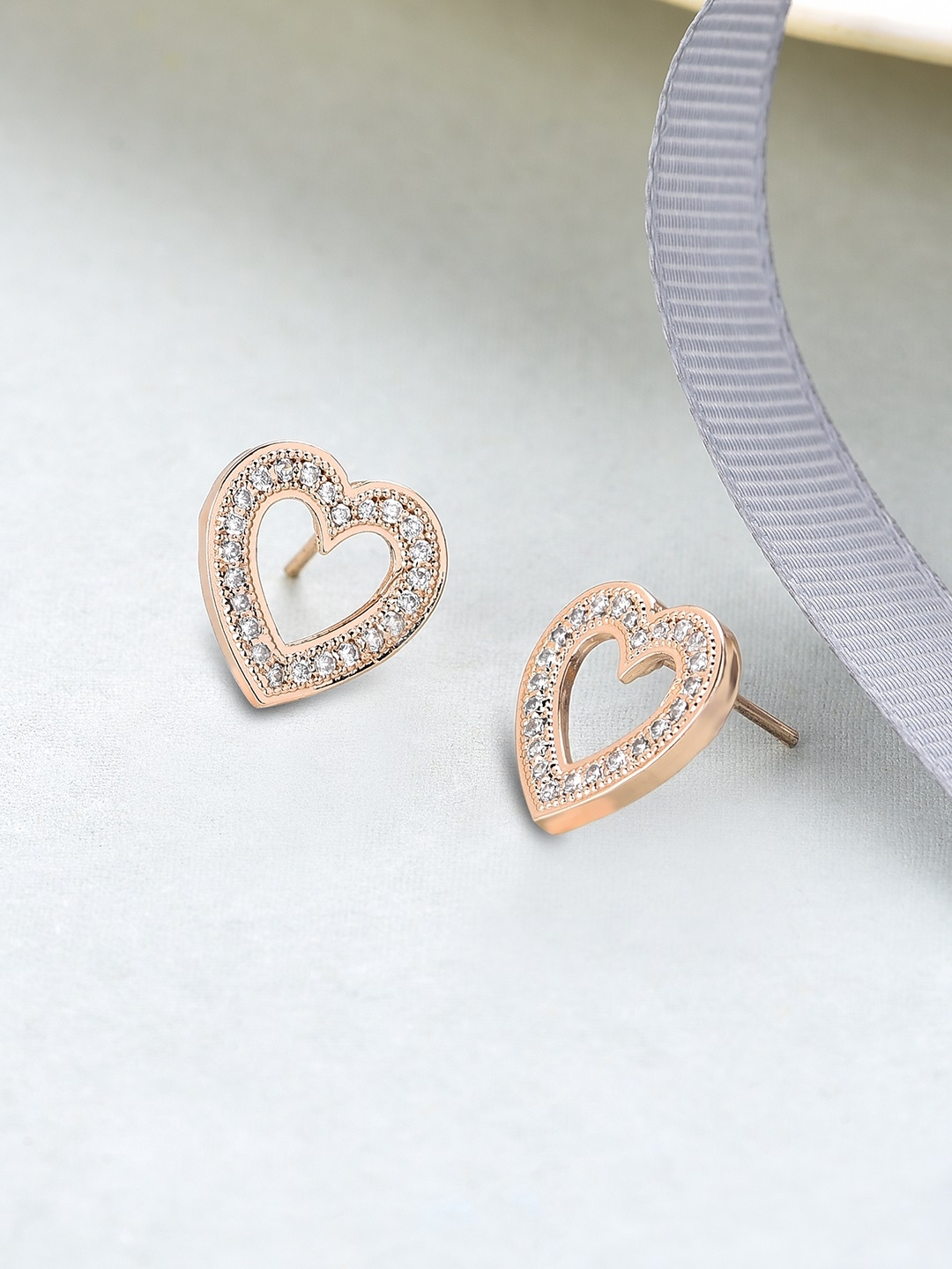 AMI Rose Gold Cubic Zirconia Studded Heart Shaped Studs Earrings