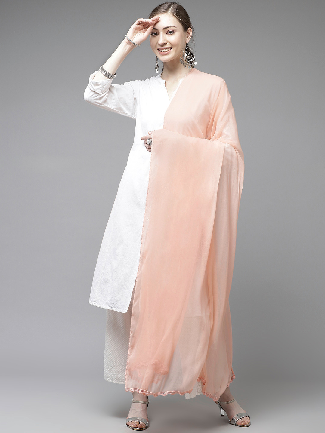 ADA Peach-Coloured Solid Handloom Dupatta with Hand Embroidered Border