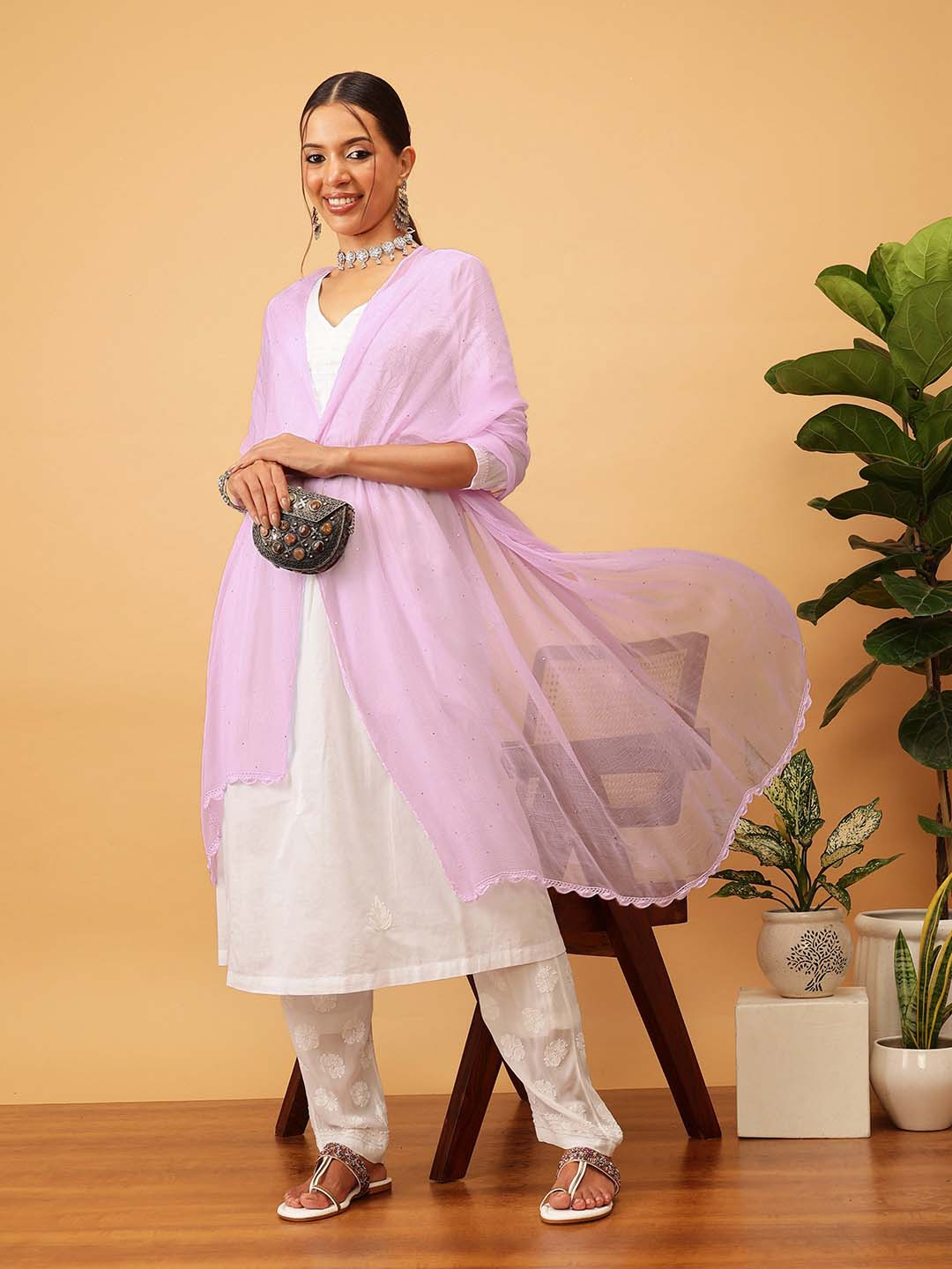 ADA Lavender Mukaish Work Dupatta with Hand Embroidered Border