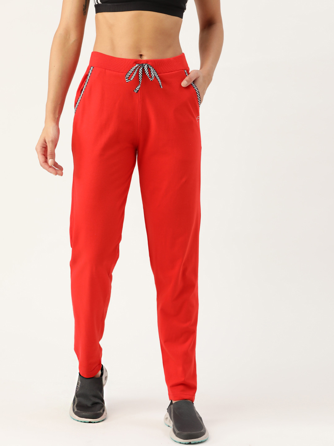Women Coral Red Solid Knit Cotton Rich Straight-Fit Track Pants