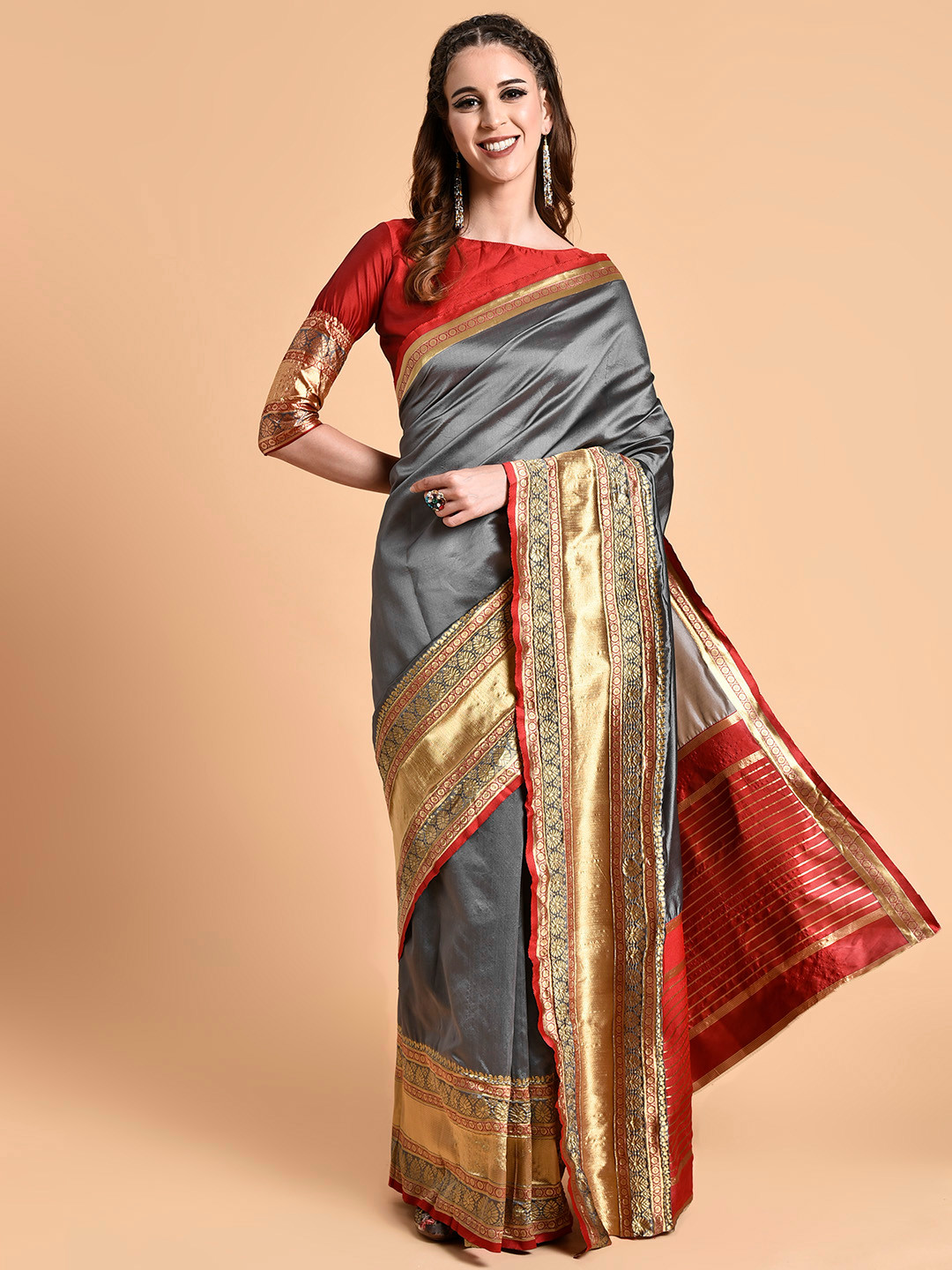 Sangria Women Grey Melange & Red Zari Heavy Work Banarasi Saree