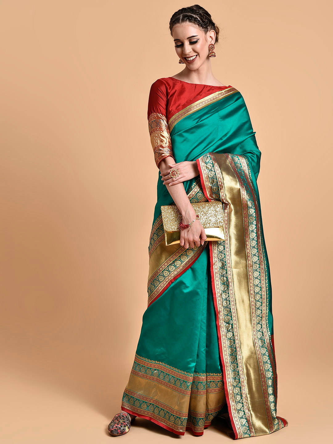 Sangria Women Teal & Golden Zari Heavy Work Banarasi Saree