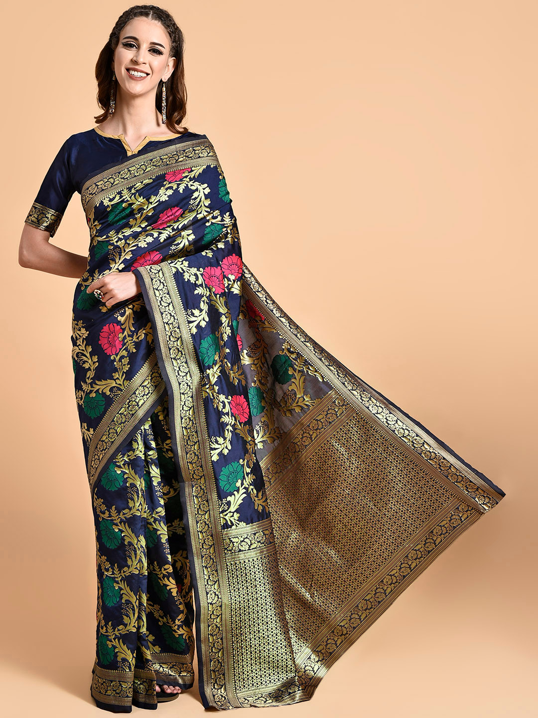 Sangria Navy Blue & Pink Floral Zari Silk Blend Heavy Work Banarasi Saree