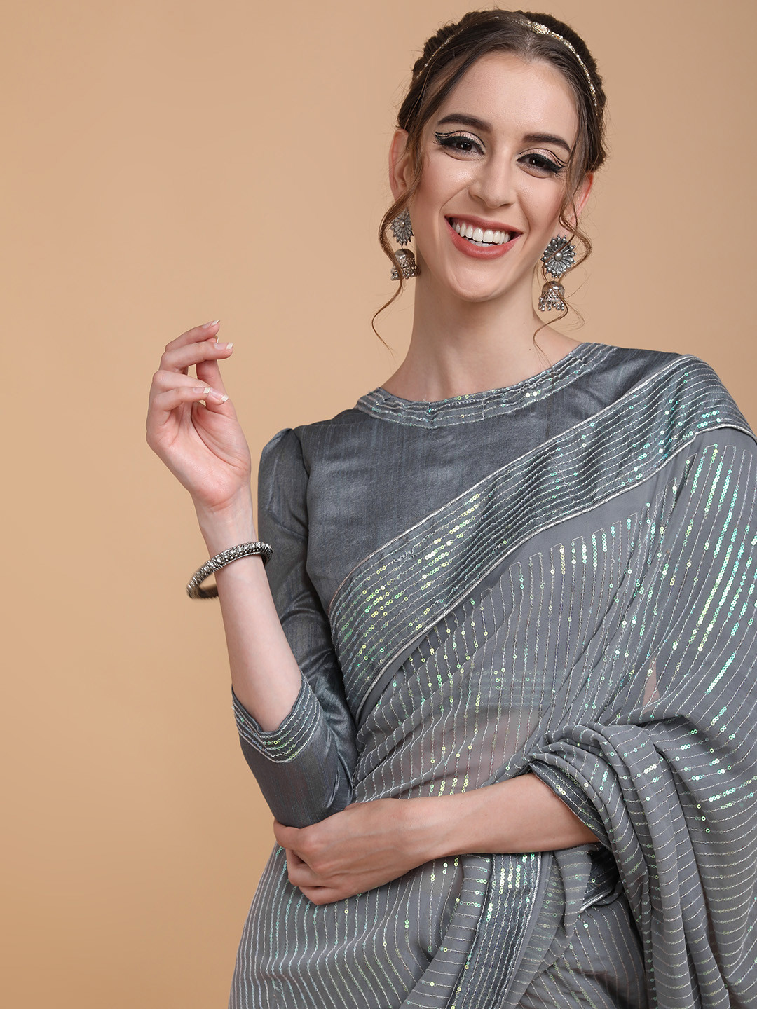 Sangria Women Grey Melange Striped Sequinned Heavy Work Saree