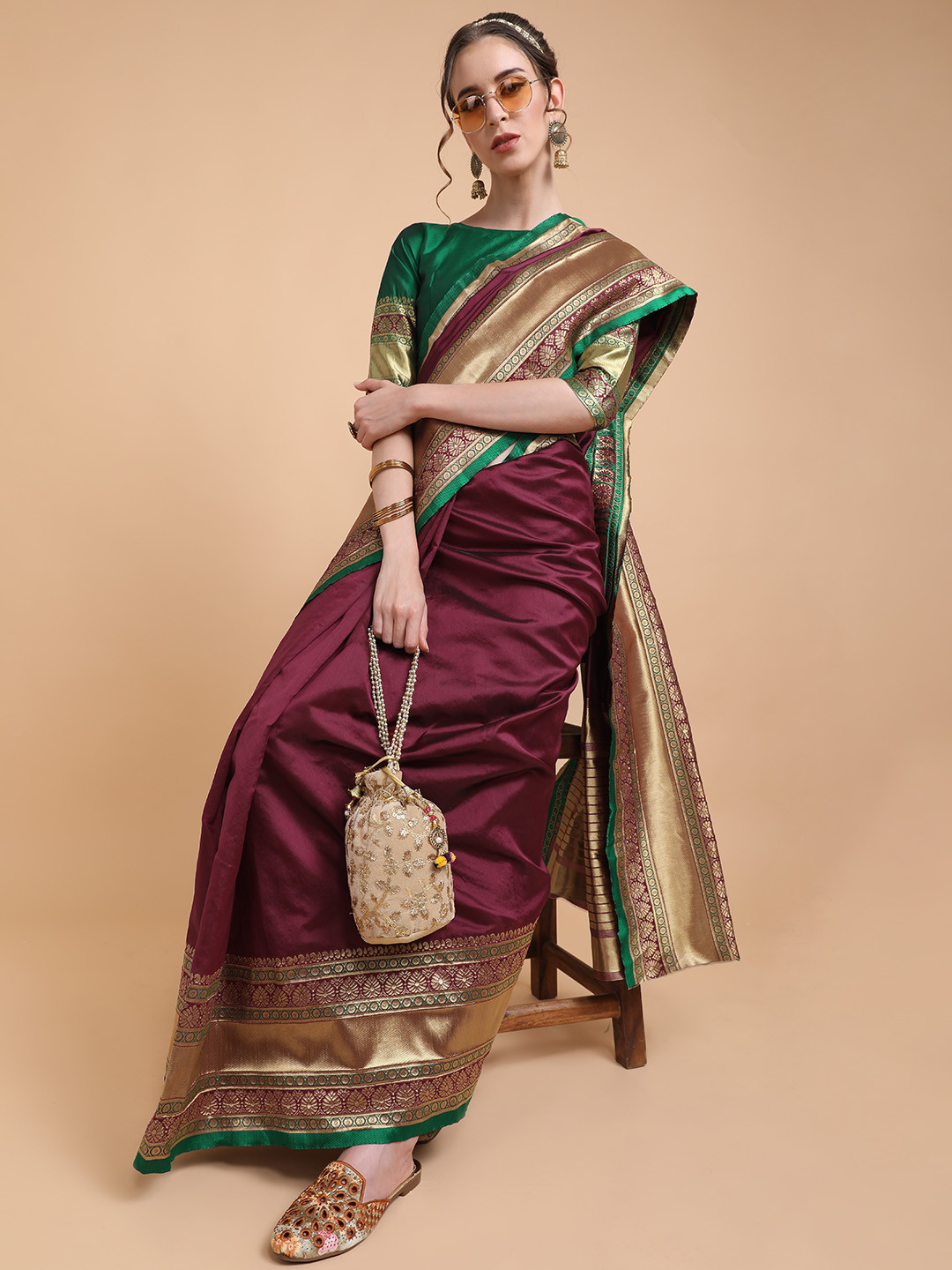 Sangria Burgundy & Green Woven Design Zari Silk Blend Heavy Work Banarasi Saree