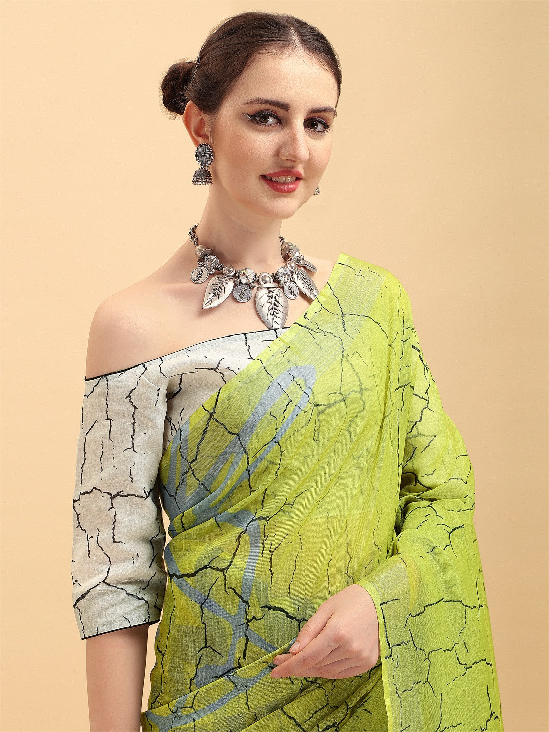 Sangria Lime Green & Grey Tie and Dye Pure Linen Saree