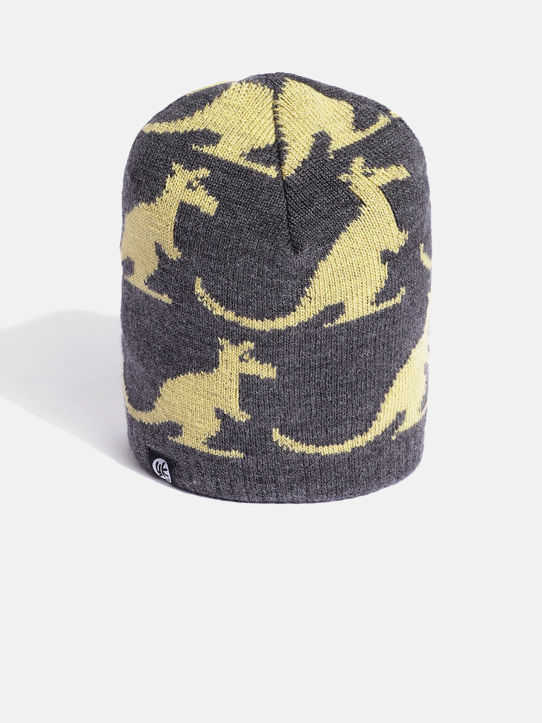 YK Kids Charcoal Grey & Yellow Kangaroo Self-Design Beanie