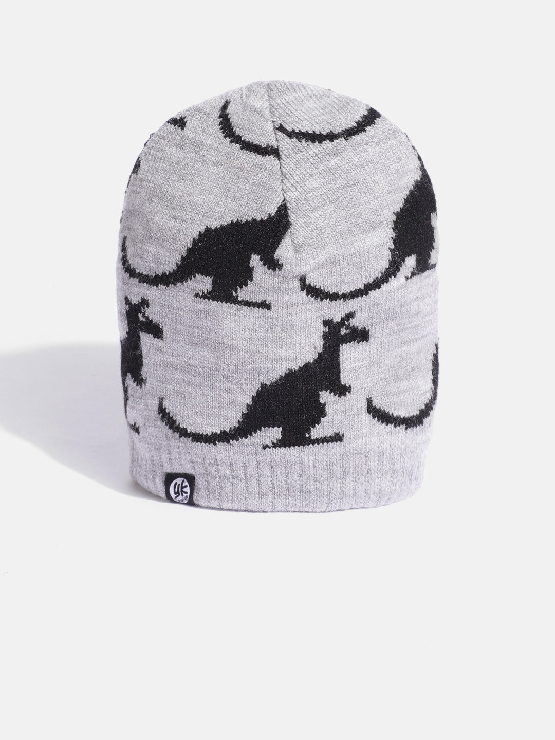 YK Kids Grey Melange & Black Kangaroo Self-Design Beanie