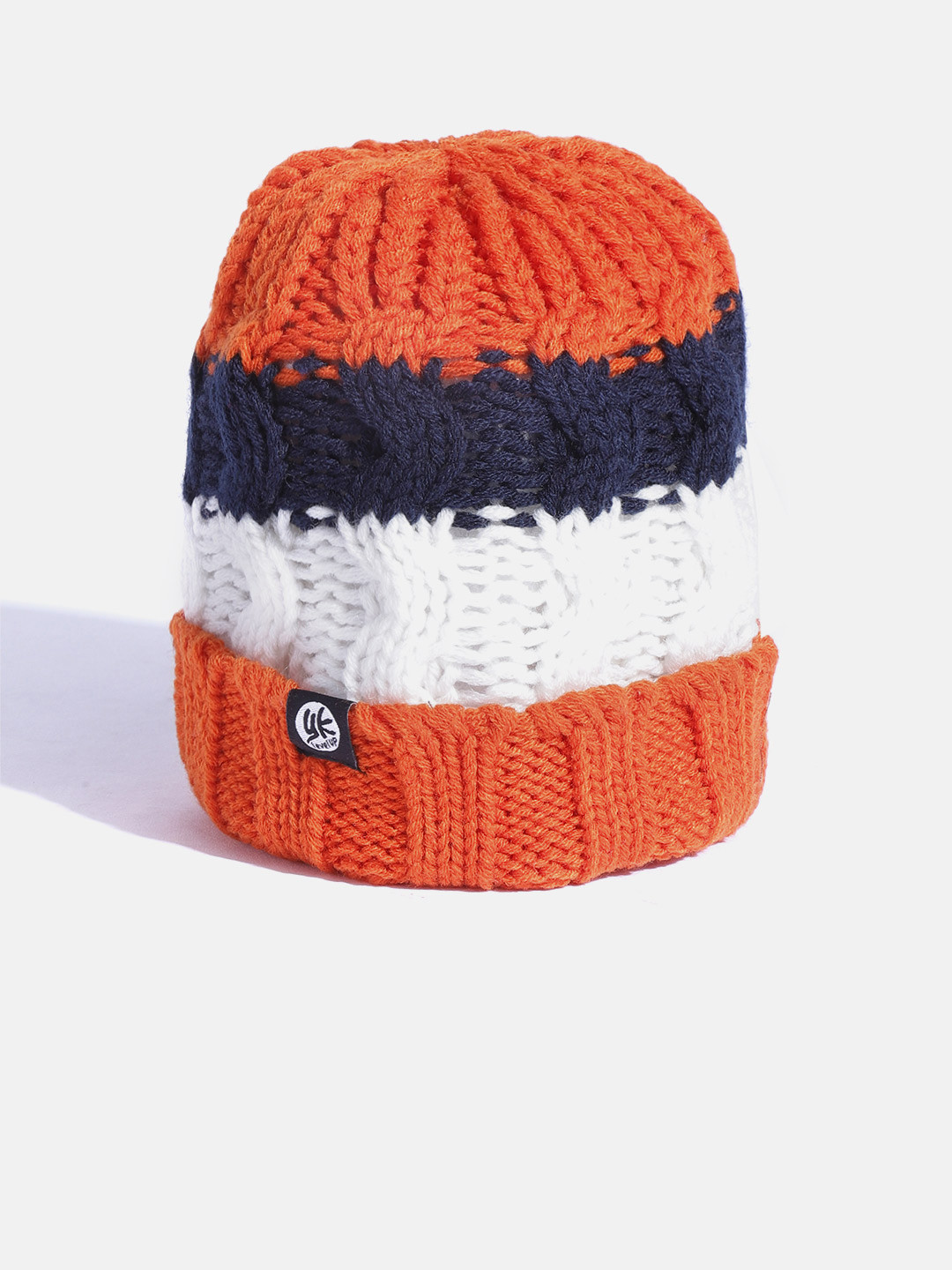 YK Kids Orange & White Colourblocked Cable Knitted Beanie
