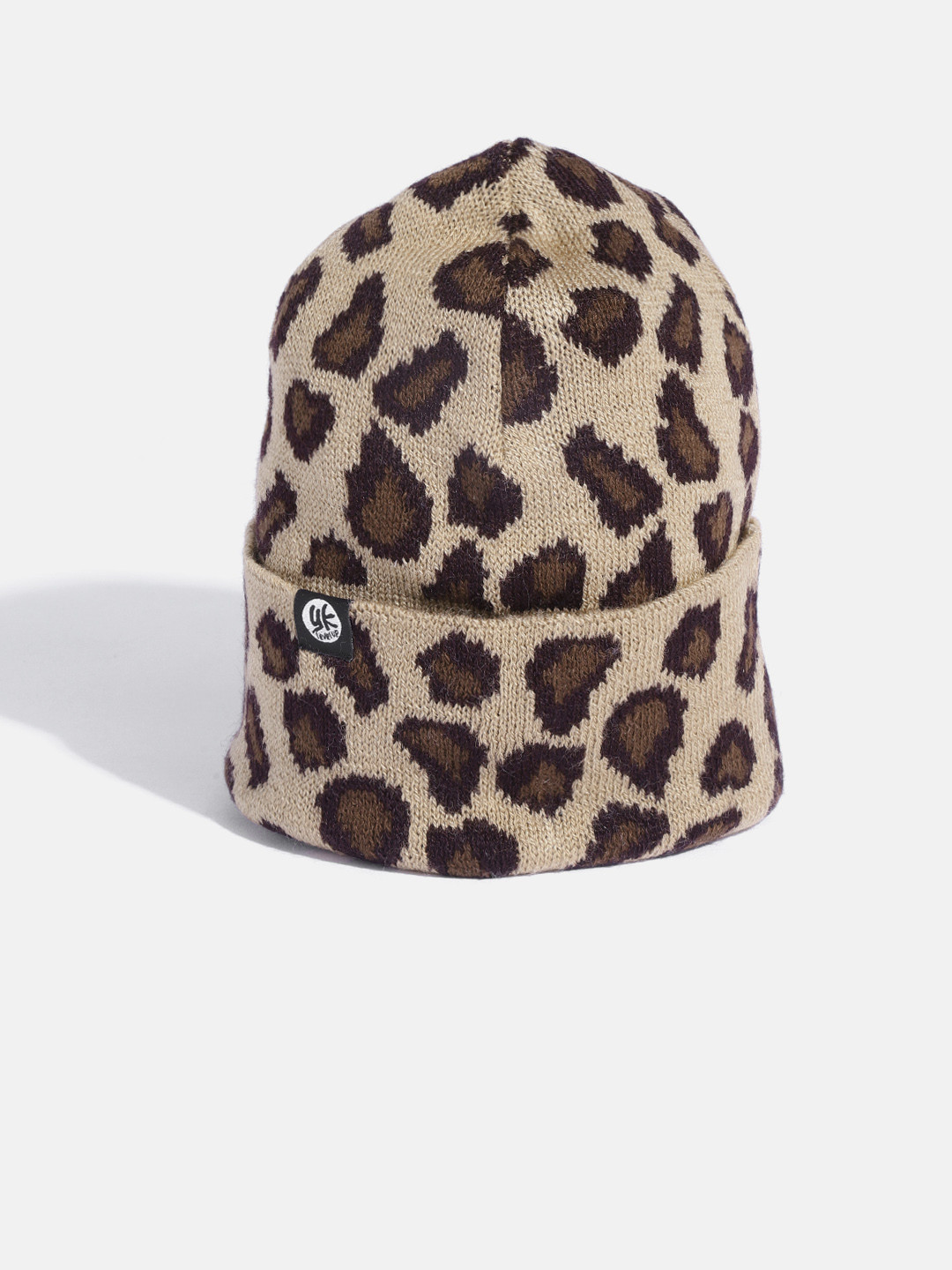 YK Girls Beige & Brown Leopard Self-Design Beanie
