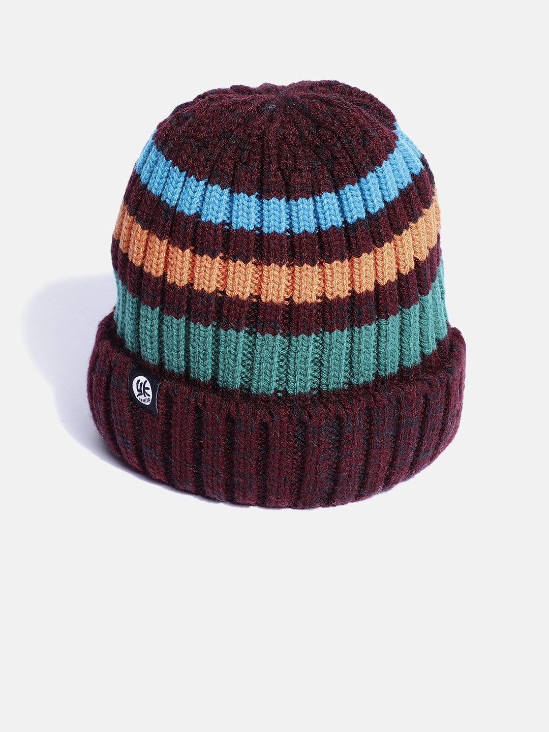 YK Kids Maroon & Green Striped Beanie