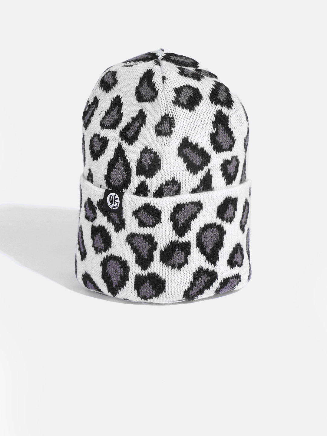 YK Girls White & Charcoal Leopard Self-Design Beanie