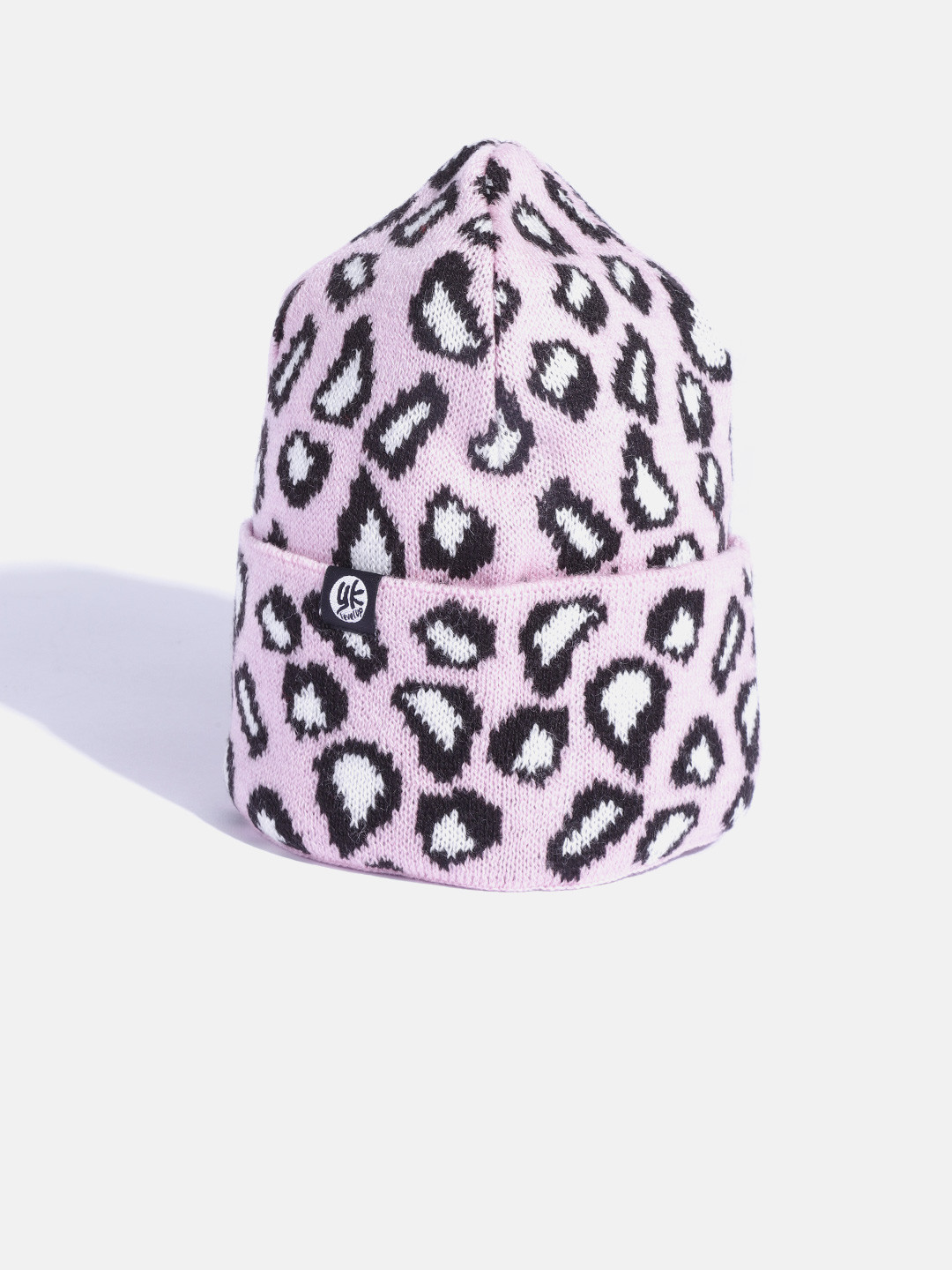 YK Girls Pink & White Leopard Self-Design Beanie