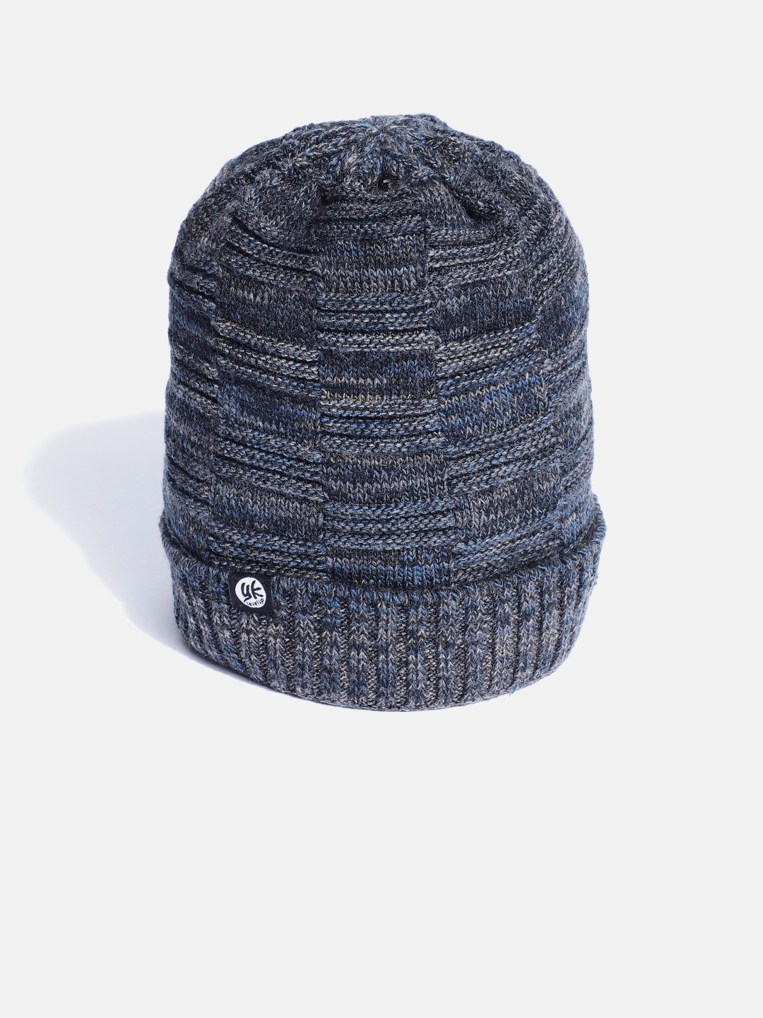 YK Kids Navy Blue & Charcoal Grey Self-Design Beanie