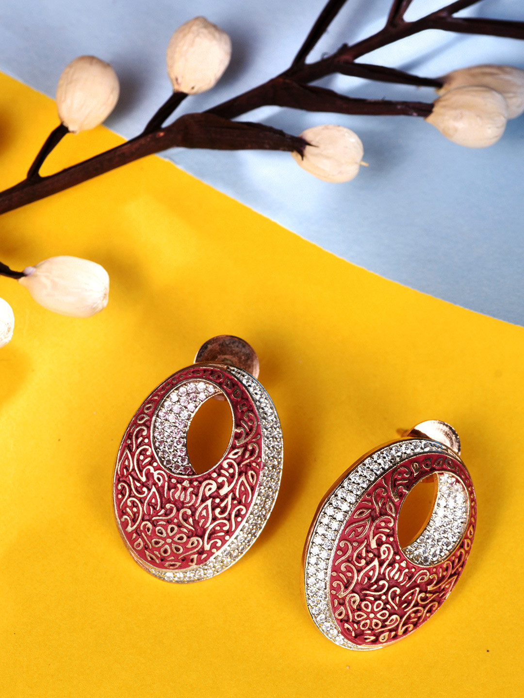 Saraf RS Jewellery Rose Gold-Plated & Red Oval Studs Earrings