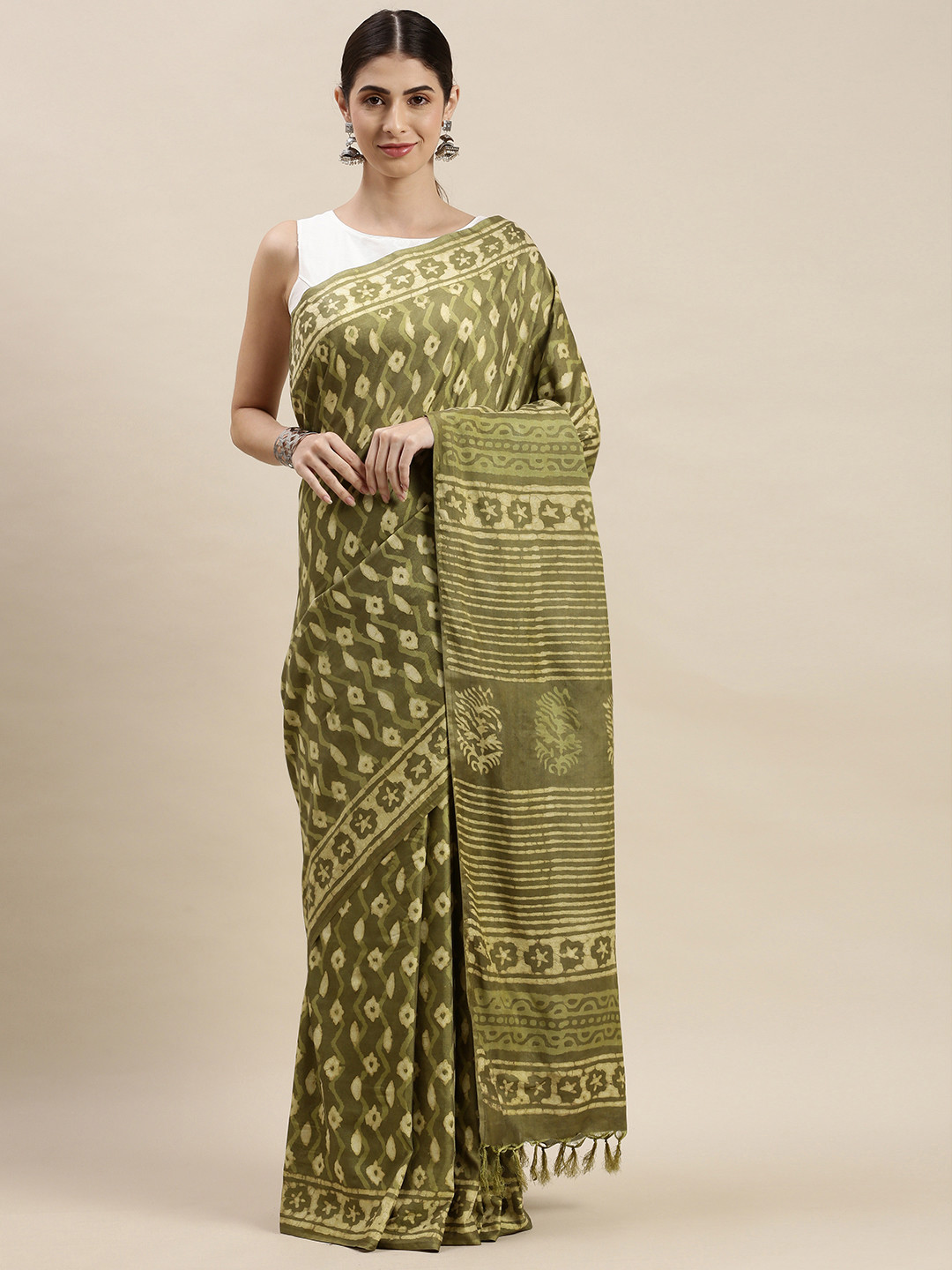 swatika Green Handloom Dabu Blend Mysore Silk Saree