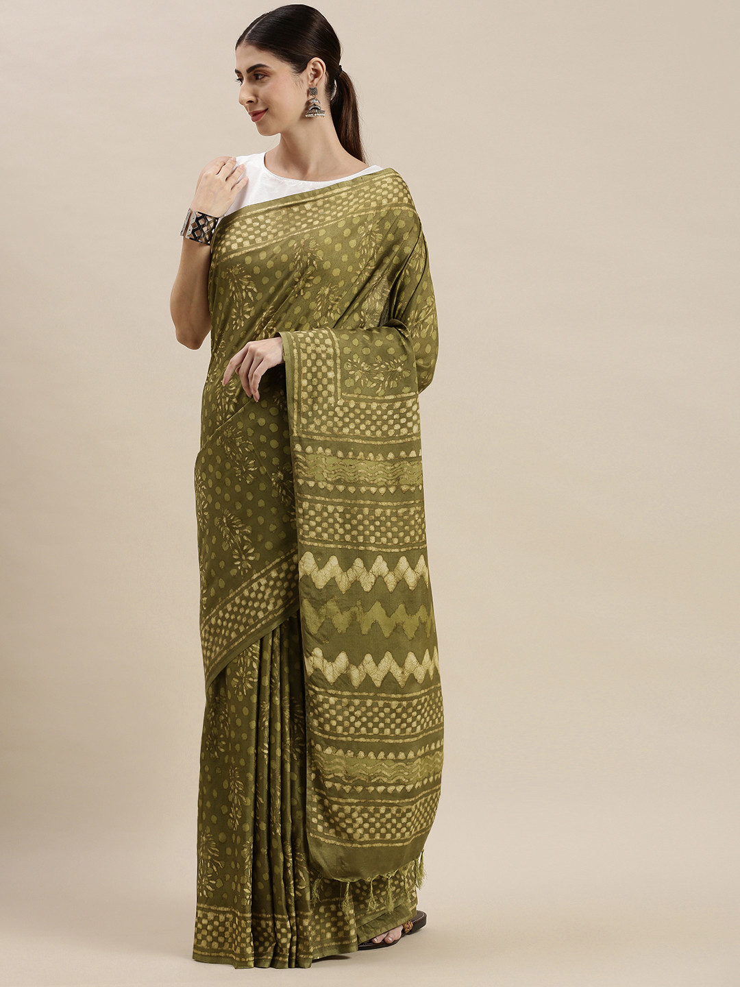 swatika Green & White Dabu Silk Blend Mysore Silk Saree