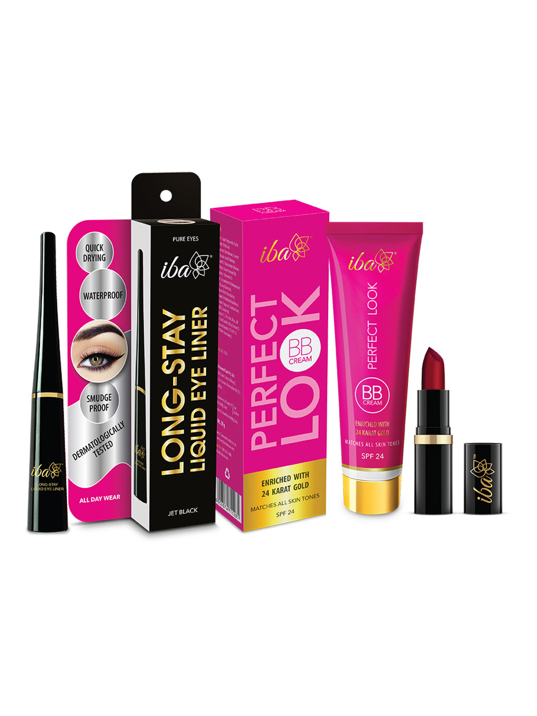 Iba Makeup Combo 2-24 Karat Gold BB Cream, Eyeliner & Lipstick (Set of 3)