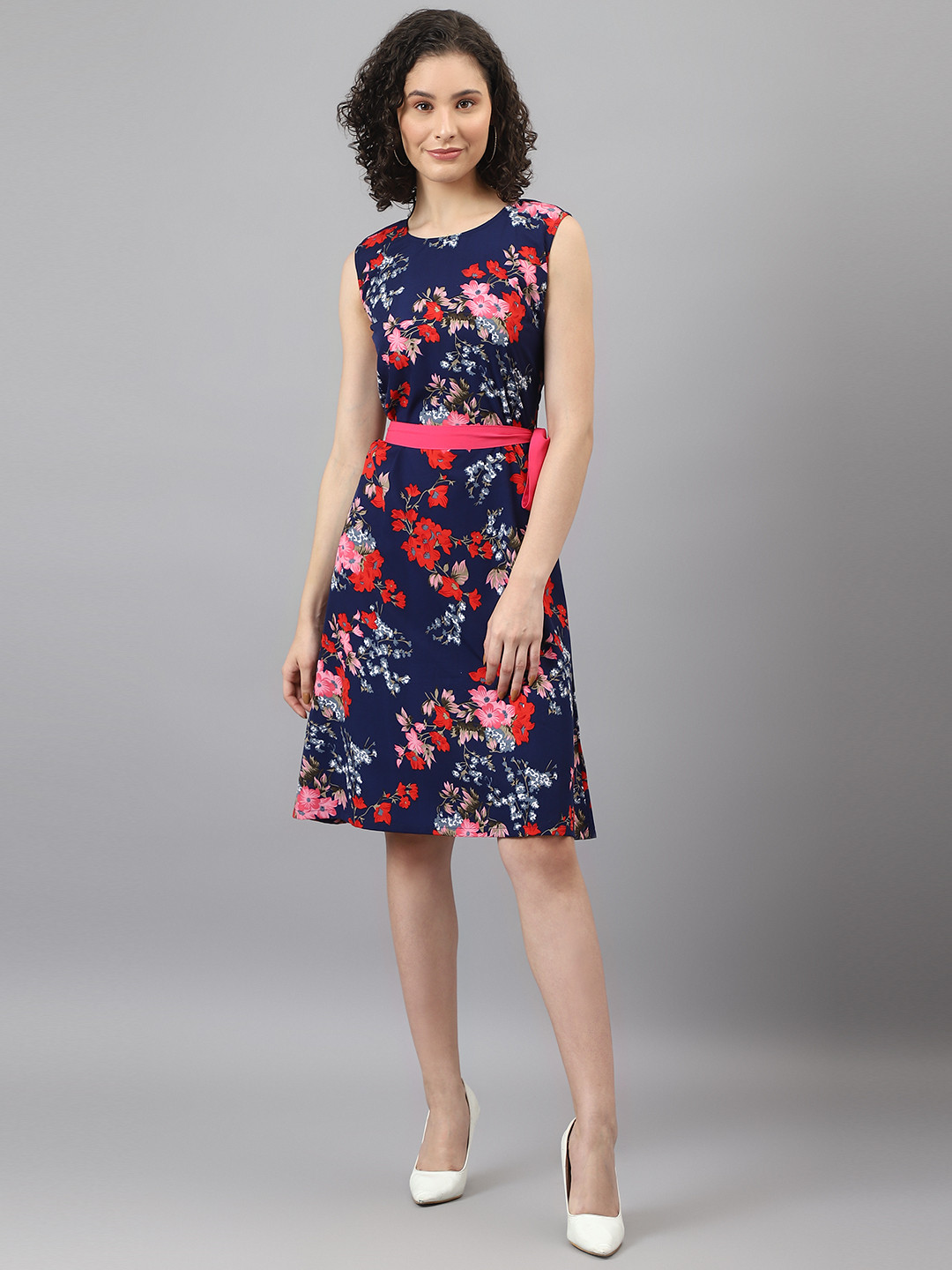 DEEBACO Navy Blue A-Line Floral Dress With Belt Detail At Waistline