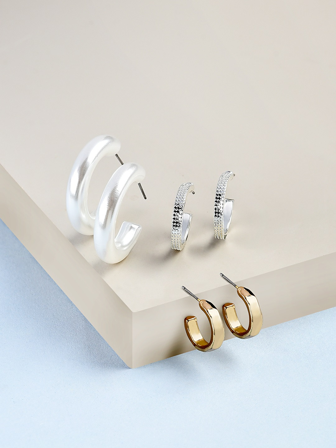AMI Set Of 3 Gold-Toned & Silver-Toned Contemporary Half Hoop Earrings