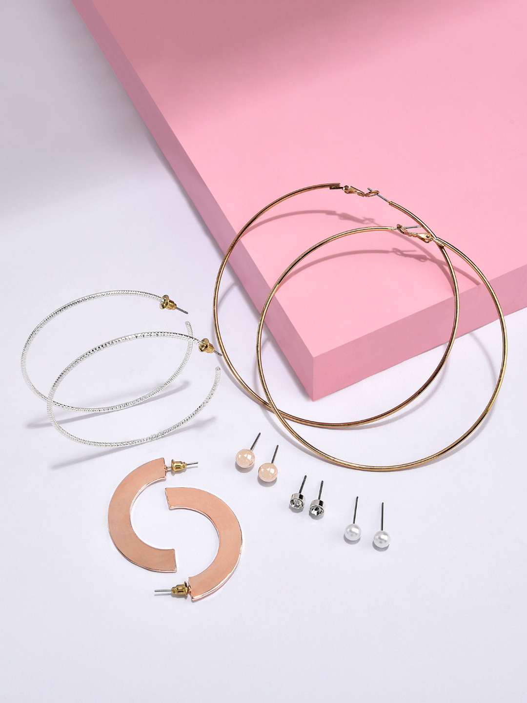 AMI Pack Of 6 Rose Gold-Plated & Silver-Toned Contemporary Studs & Hoops Earrings