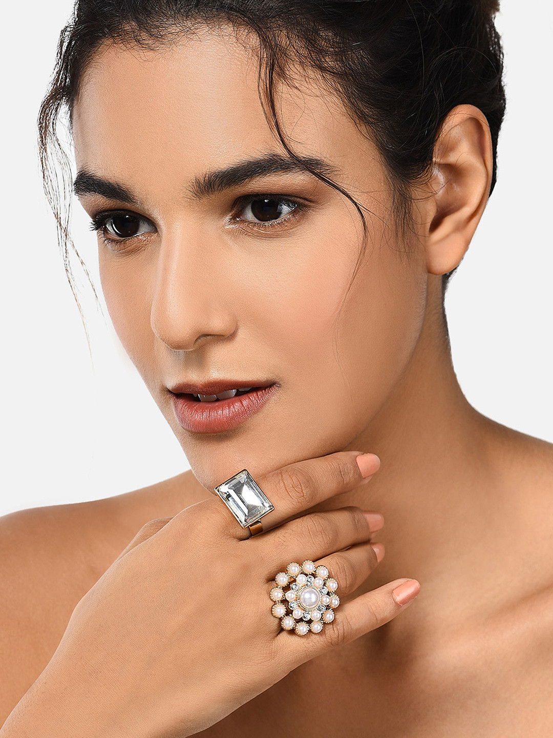 AMI Set Of 2 Gold-Plated White Stone-Studded Pearl Beaded Adjustable Finger Rings