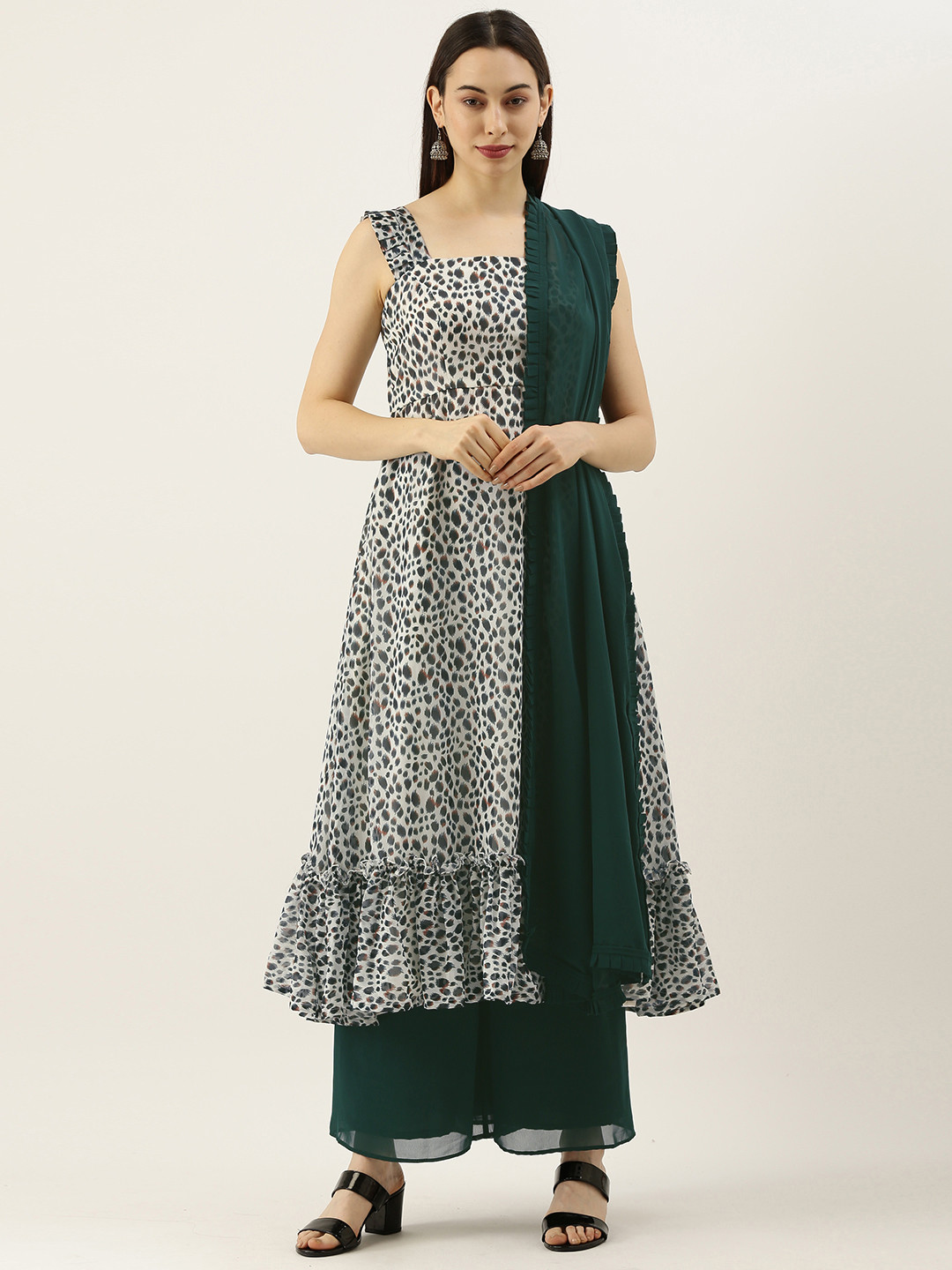 Ethnovog Women Cream-Coloured  Green Made To Measure Kurta with Palazzos  With Dupatta