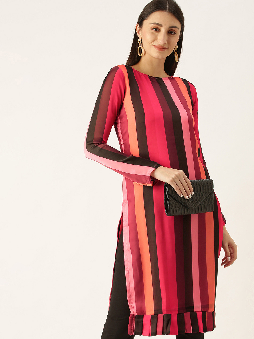 Ethnovog Women Multicoloured Striped Made To Measure Satin Kurta