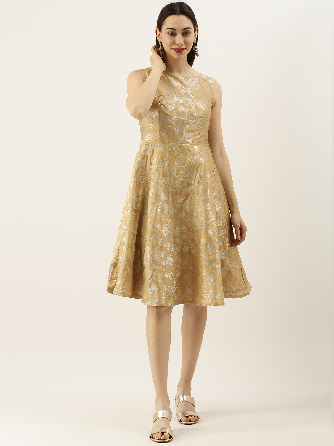 Ethnovog Women Beige Self-Design Made To Measure Fit and Flare Dress