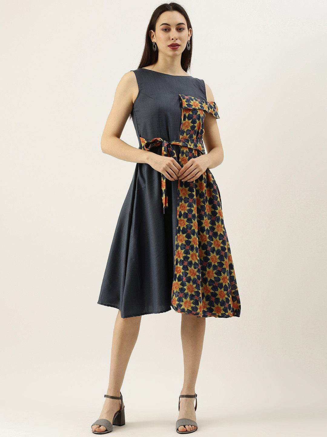 Ethnovog Grey Floral Print Made To Measure Fit  Flare Dress