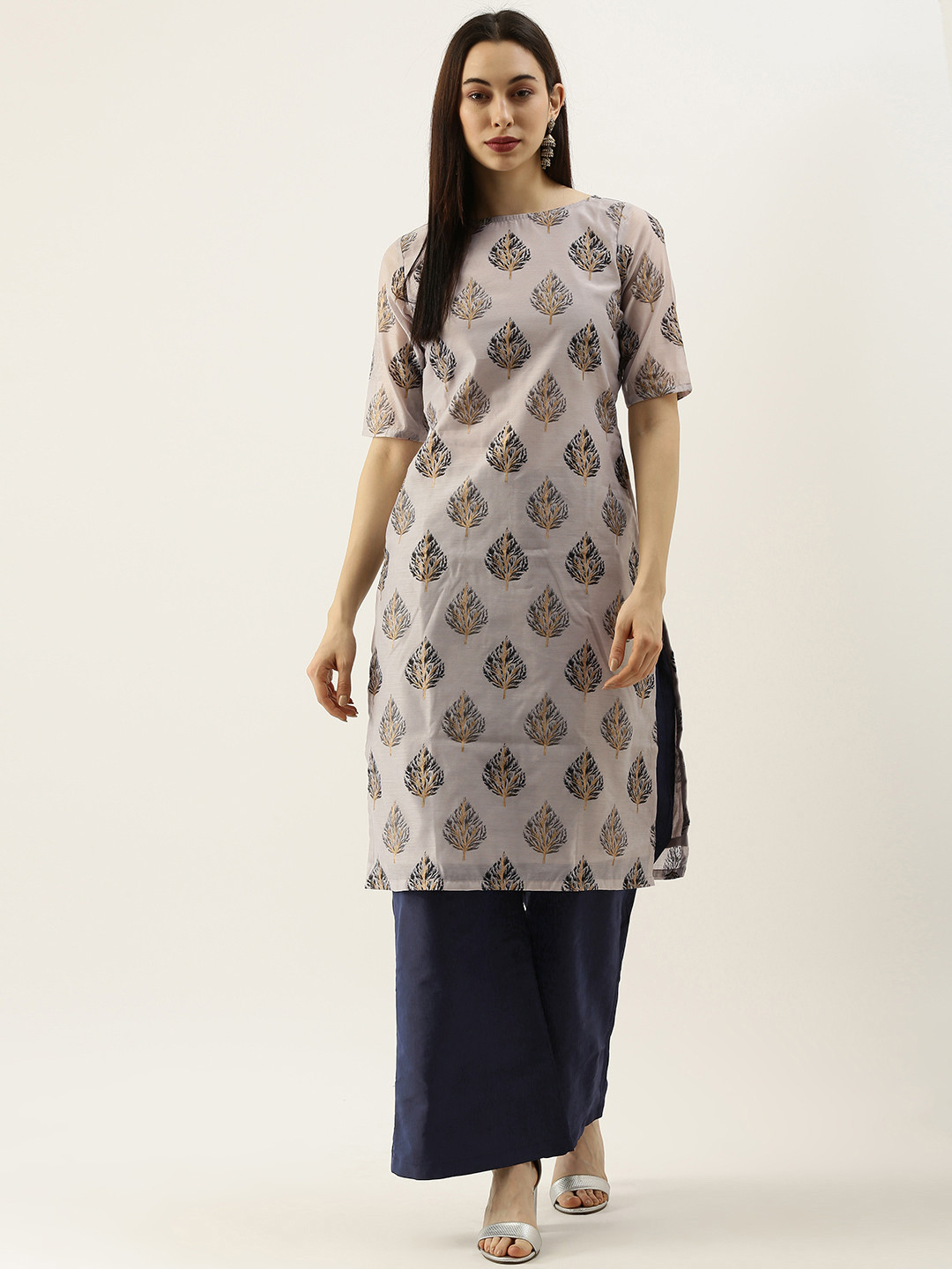 Ethnovog Women Lavender  Navy Blue Made To Measure Printed  Kurta with Palazzos