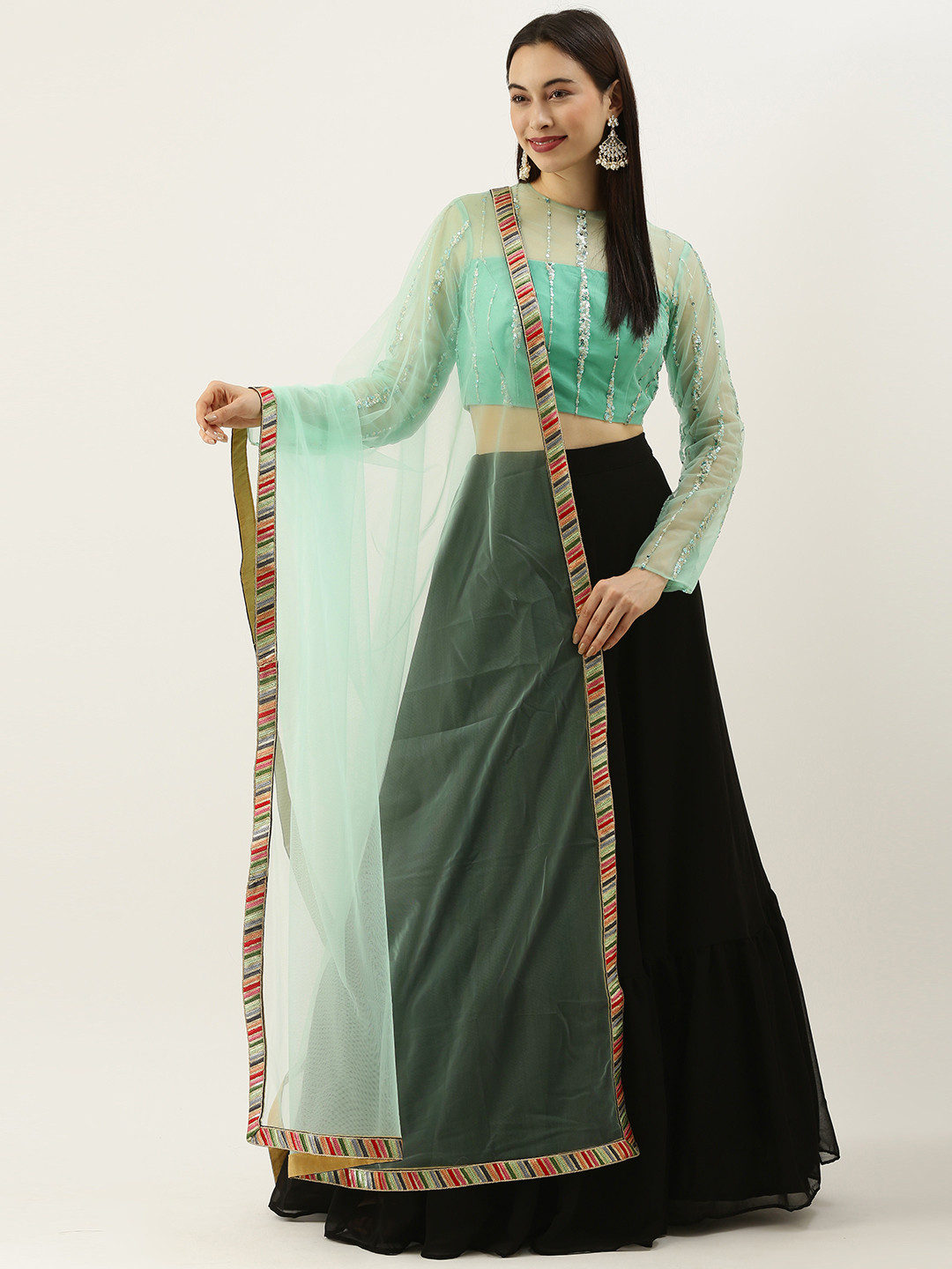 Ethnovog Sea Green  Black Embellished Sequinned Made to Measure Lehenga  Blouse With Dupatta