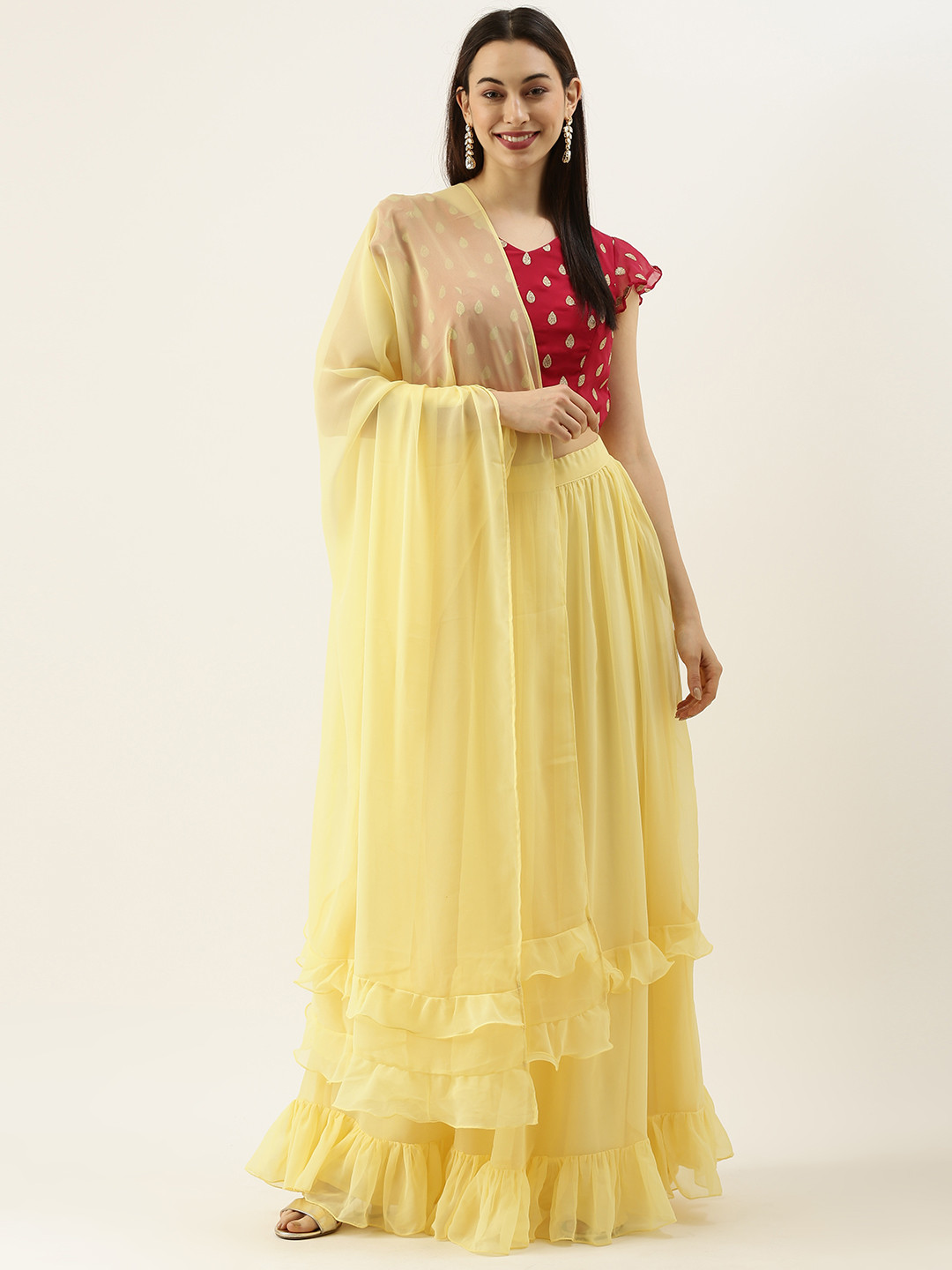 Ethnovog Maroon  Yellow Embroidered Thread Work Made to Measure Lehenga  Blouse With Dupatta