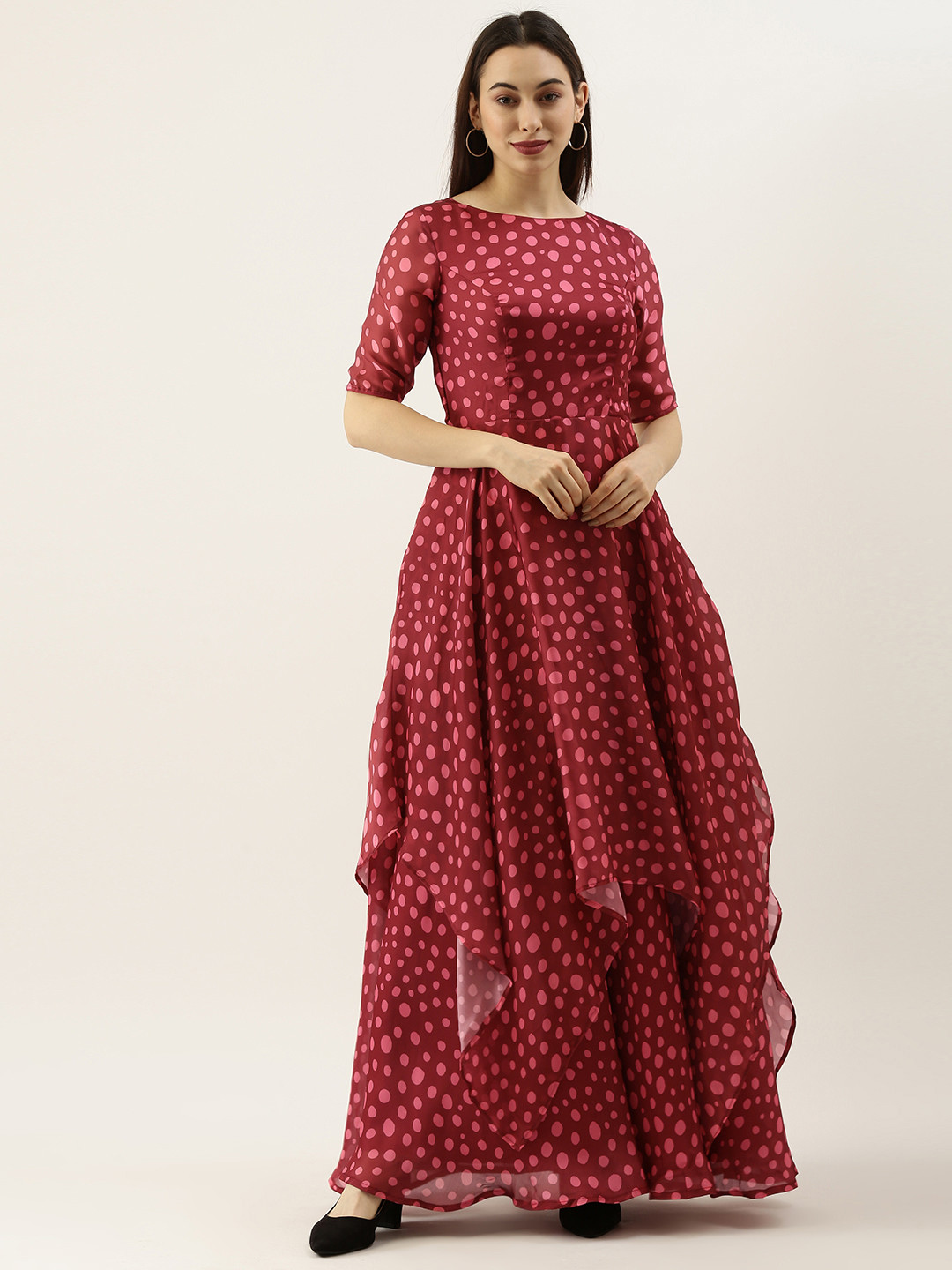 Ethnovog Maroon Made To Measure Cotton Maxi Layered Dress