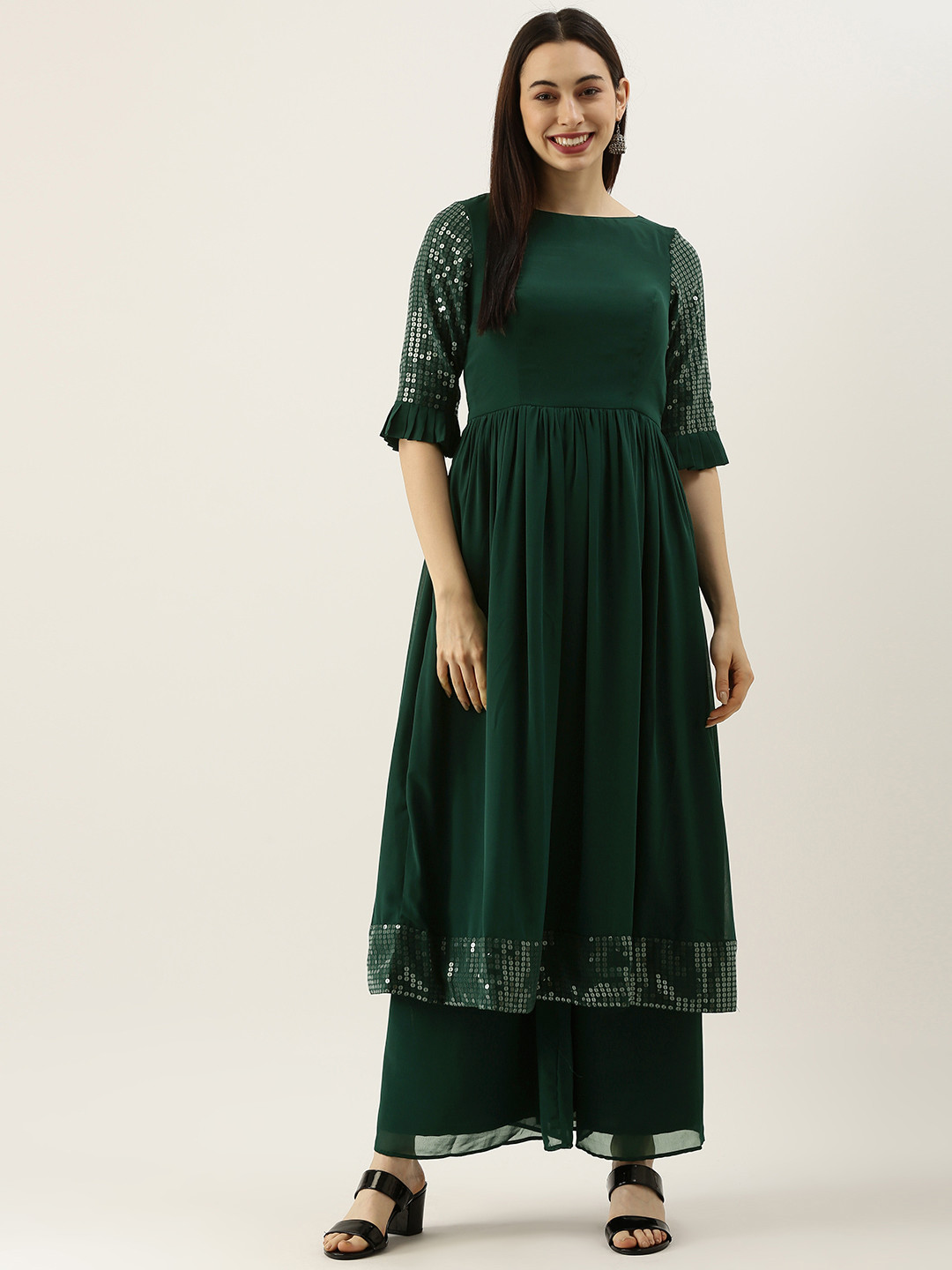 Ethnovog Women Made To Measure Green Regular Sequinned Kurta with Palazzos