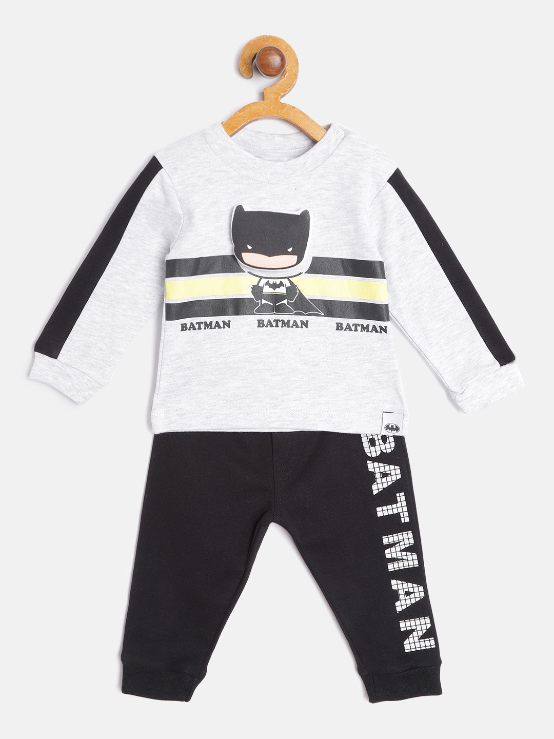 Moms Love Infant Boys Grey Melange & Black Pure Cotton Batman Printed T-shirt with Joggers
