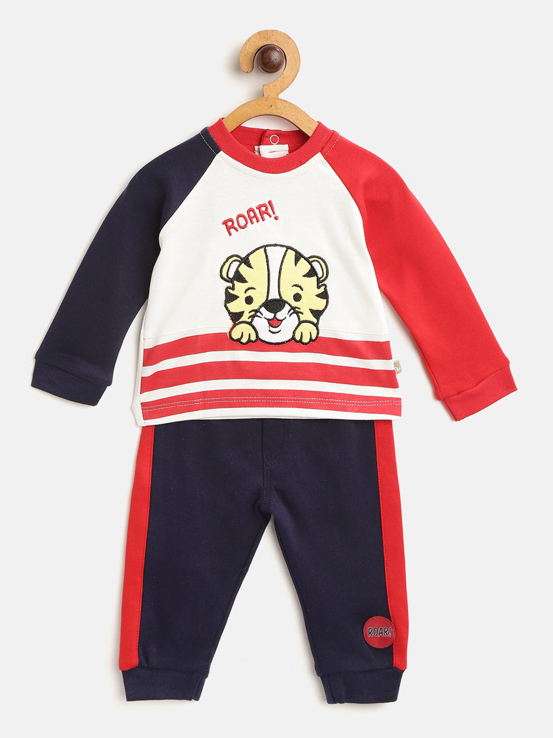 Moms Love Infant Boys White & Red Striped Pure Cotton T-shirt with Joggers