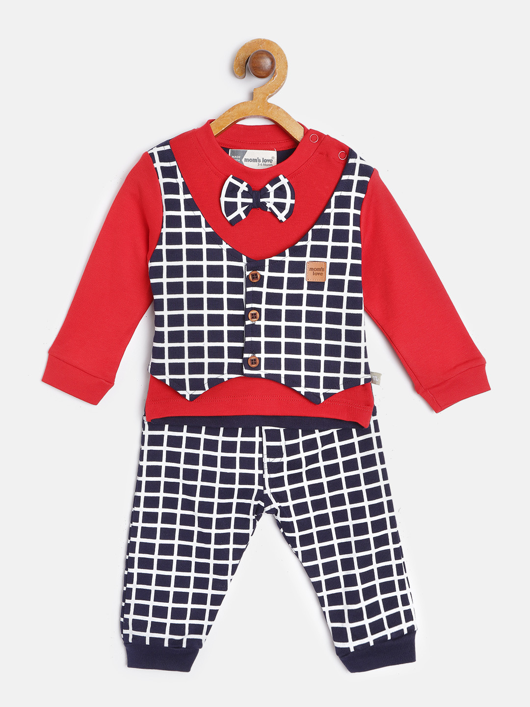 Moms Love Infant Boys Red & Navy Blue Cotton Checked T-shirt with Pyjamas