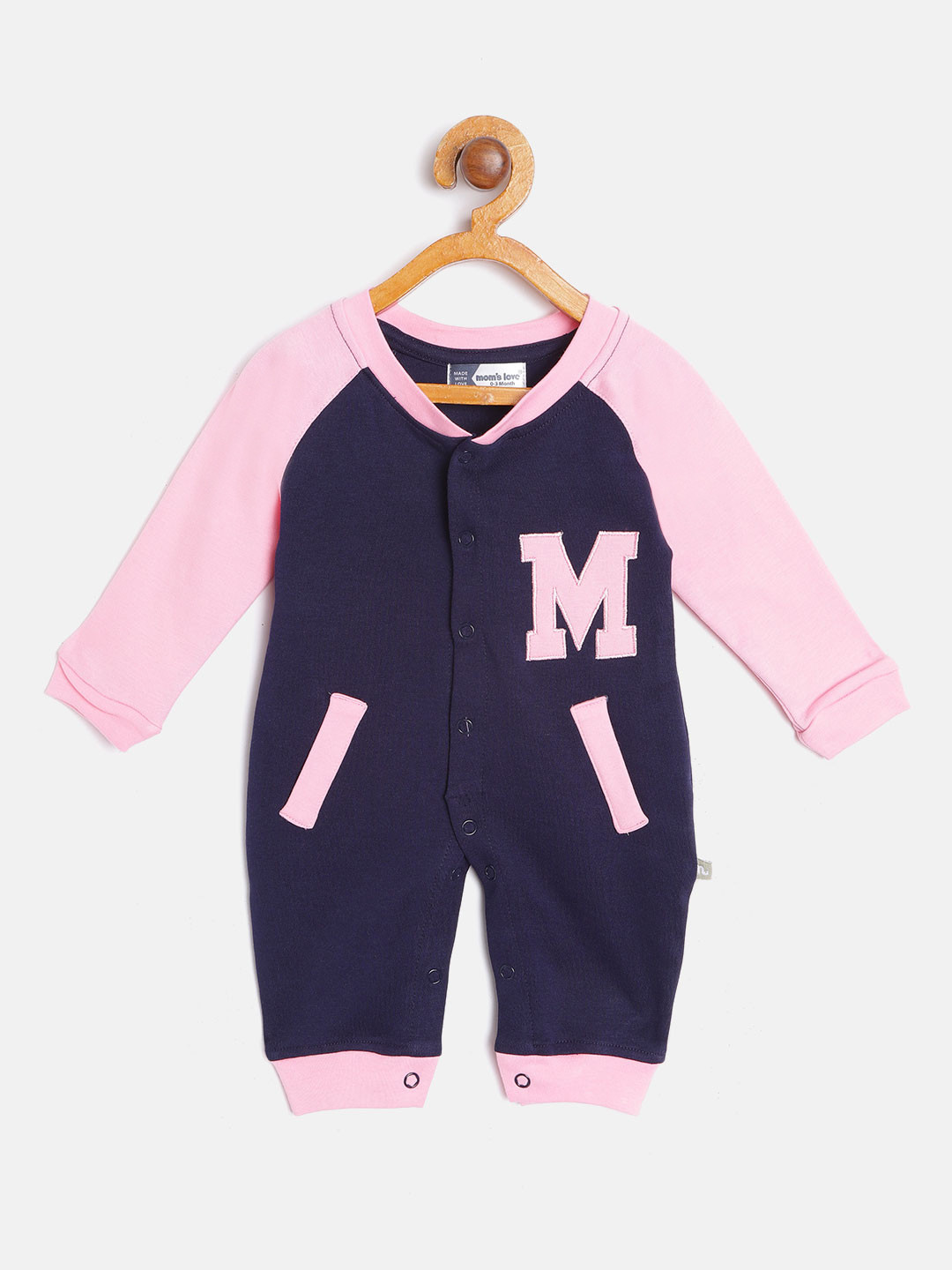 Moms Love Infant Boys Navy & Pink Pure Cotton Solid Rompers with Applique Detail