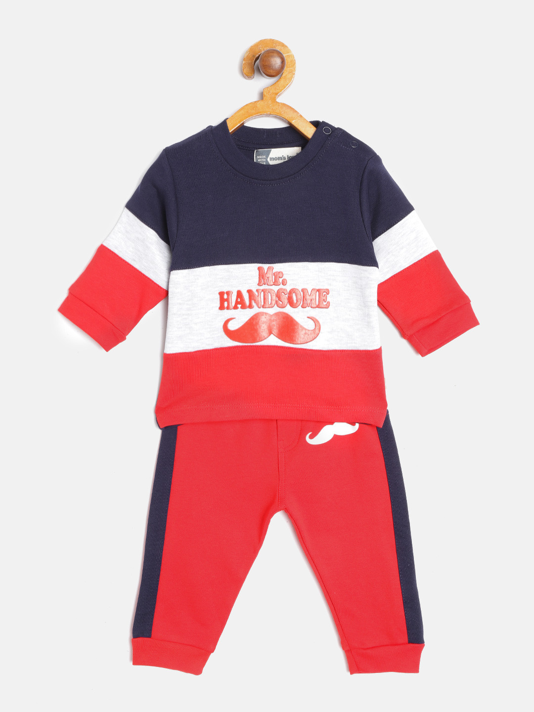 Moms Love Infant Boys Red & Navy Cotton Colourblocked & Printed T-shirt with Joggers