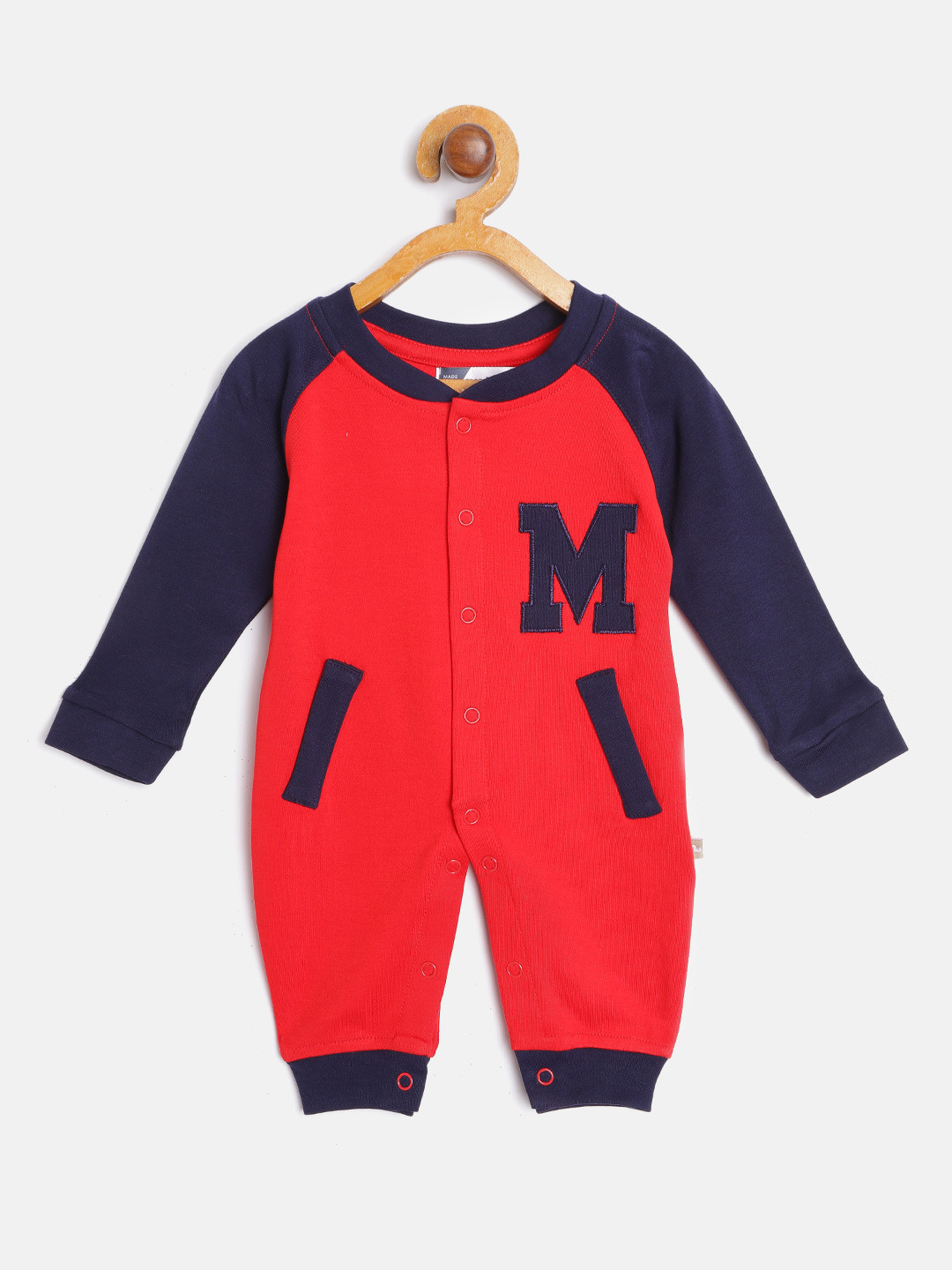 Moms Love Infant Boys Red & Navy Pure Cotton Solid Rompers with Applique Detail