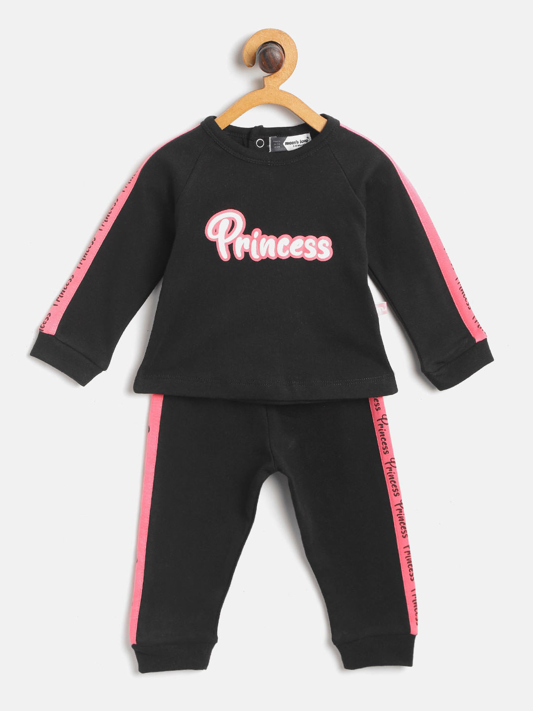 Moms Love Infant Girls Black & Pink Typography Print T-shirt with Solid Joggers