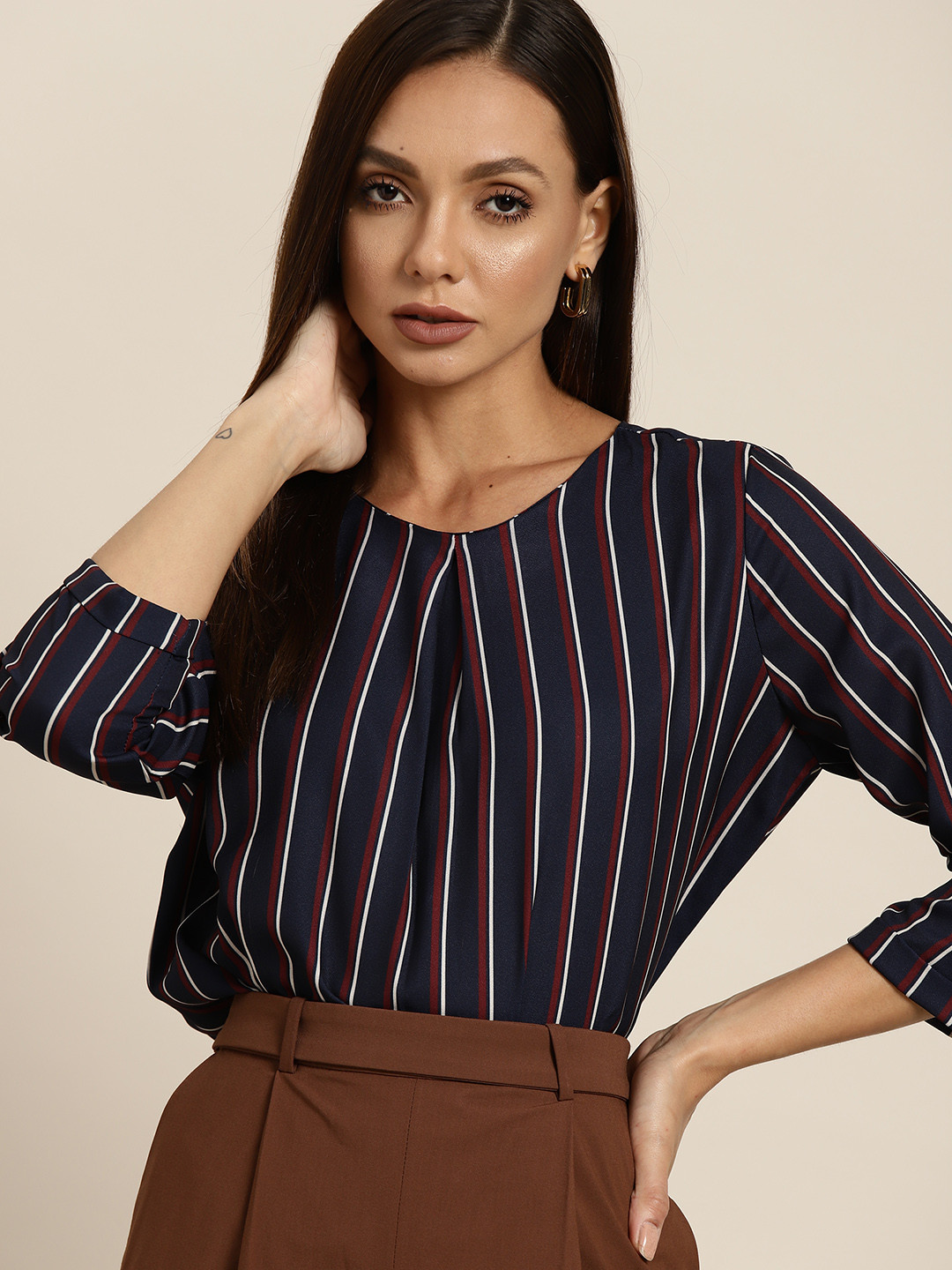 her by invictus Navy Blue & Maroon Round Neck Striped Top